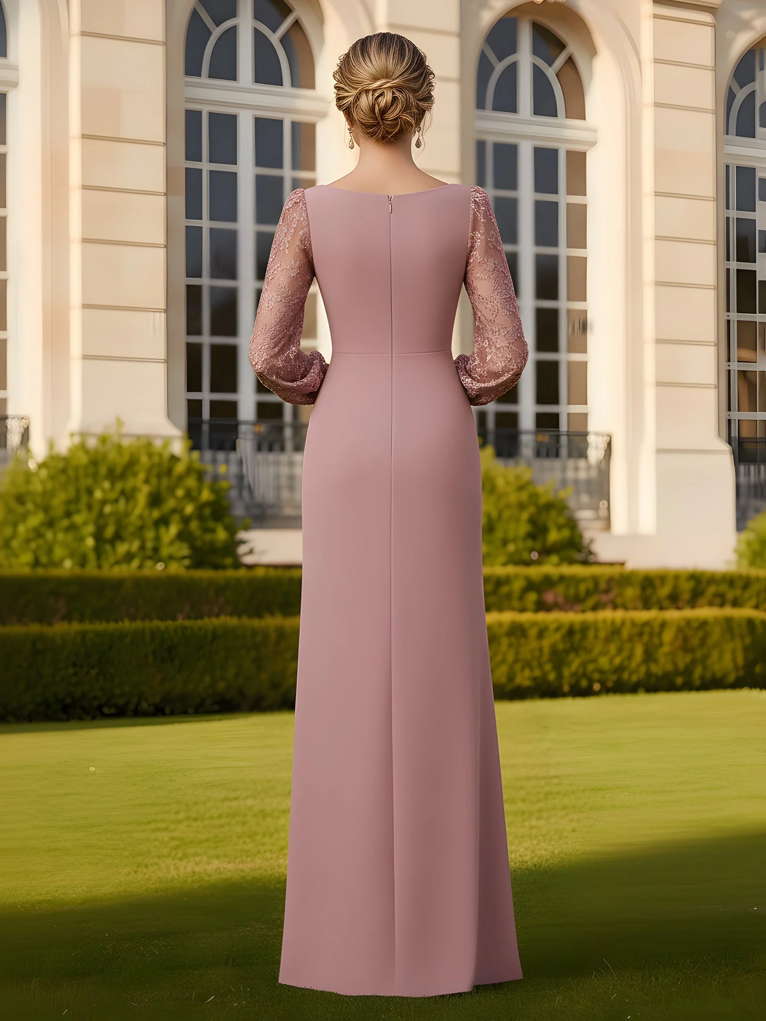 Plissee Scoop Ausschnitt Spitze Langarm Etui Kleid Dunkelmarine - Image 2