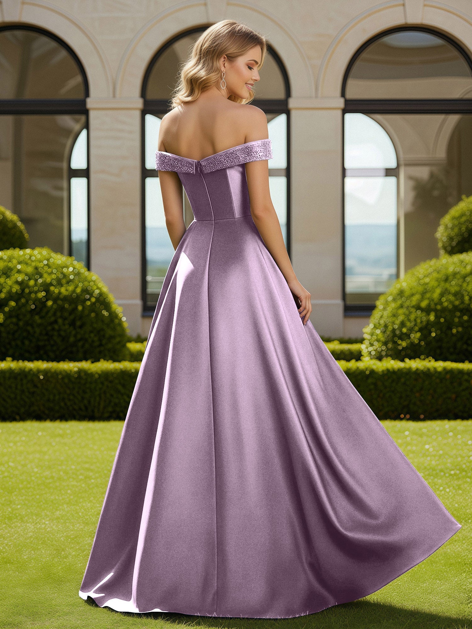 A-Linie Perlen Schulterfrei Lang Kleid mit Schlitz Blauregen - Image 2