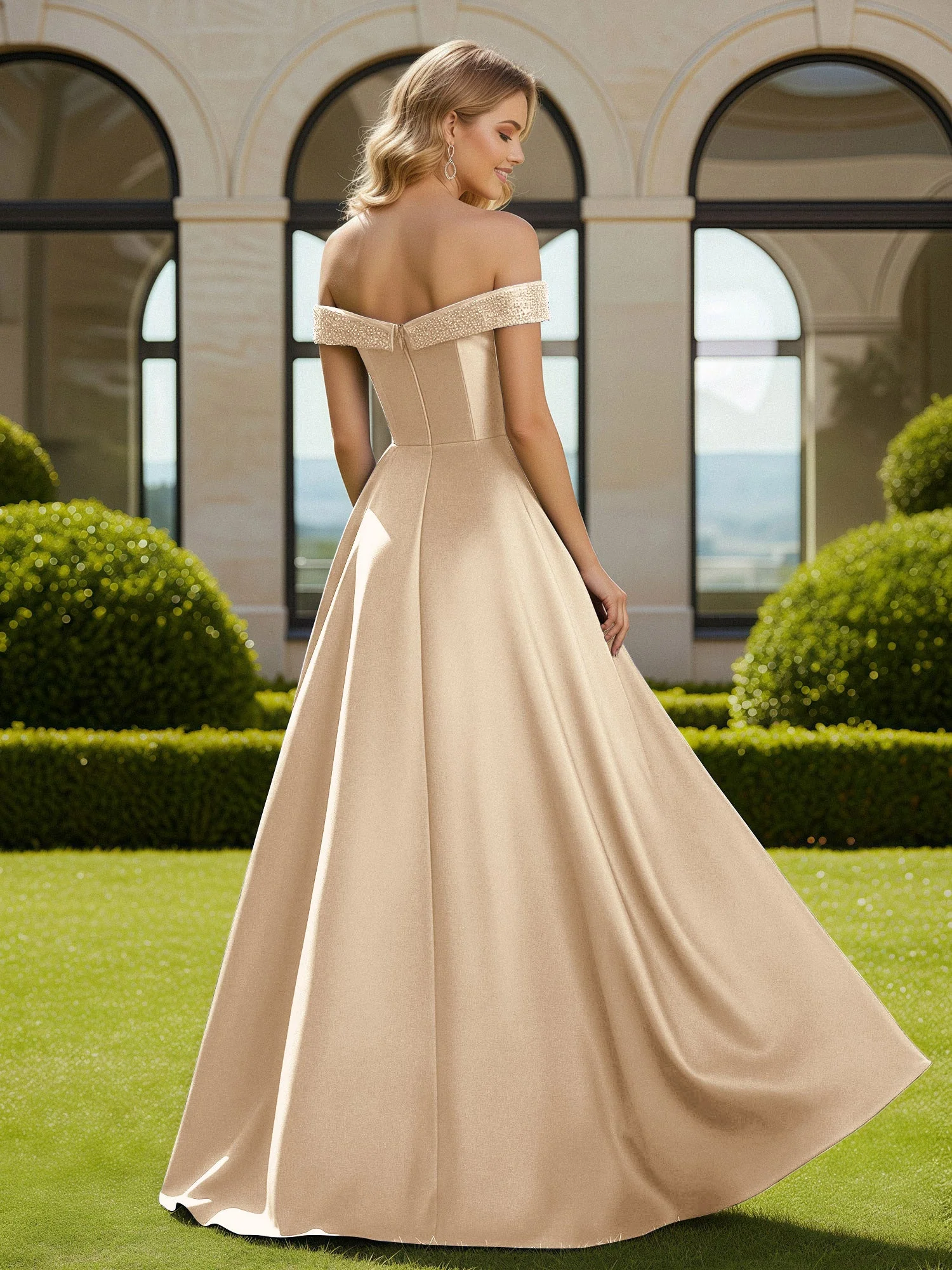 A-Linie Perlen Schulterfrei Lang Kleid mit Schlitz Champagner - Image 2