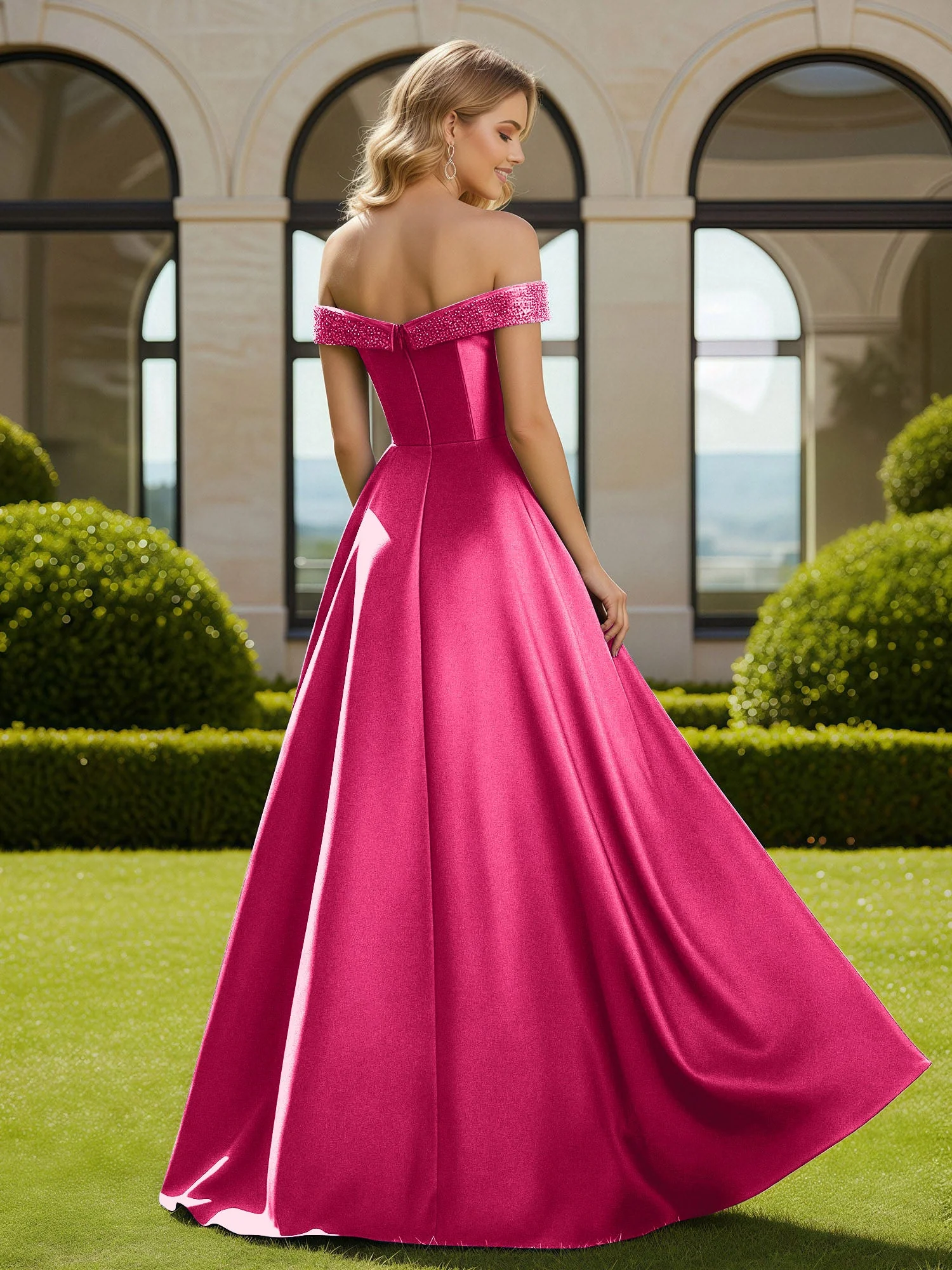 A-Linie Perlen Schulterfrei Lang Kleid mit Schlitz Fuchsia - Image 2