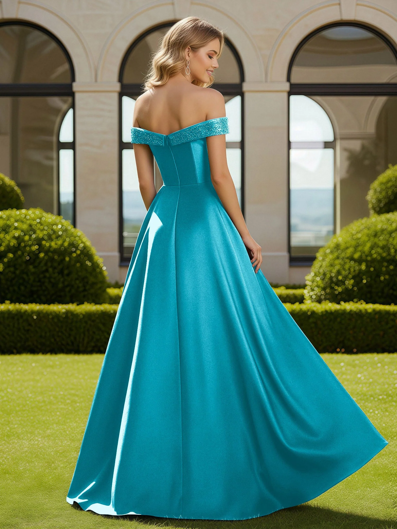 A-Linie Perlen Schulterfrei Lang Kleid mit Schlitz Jade - Image 2