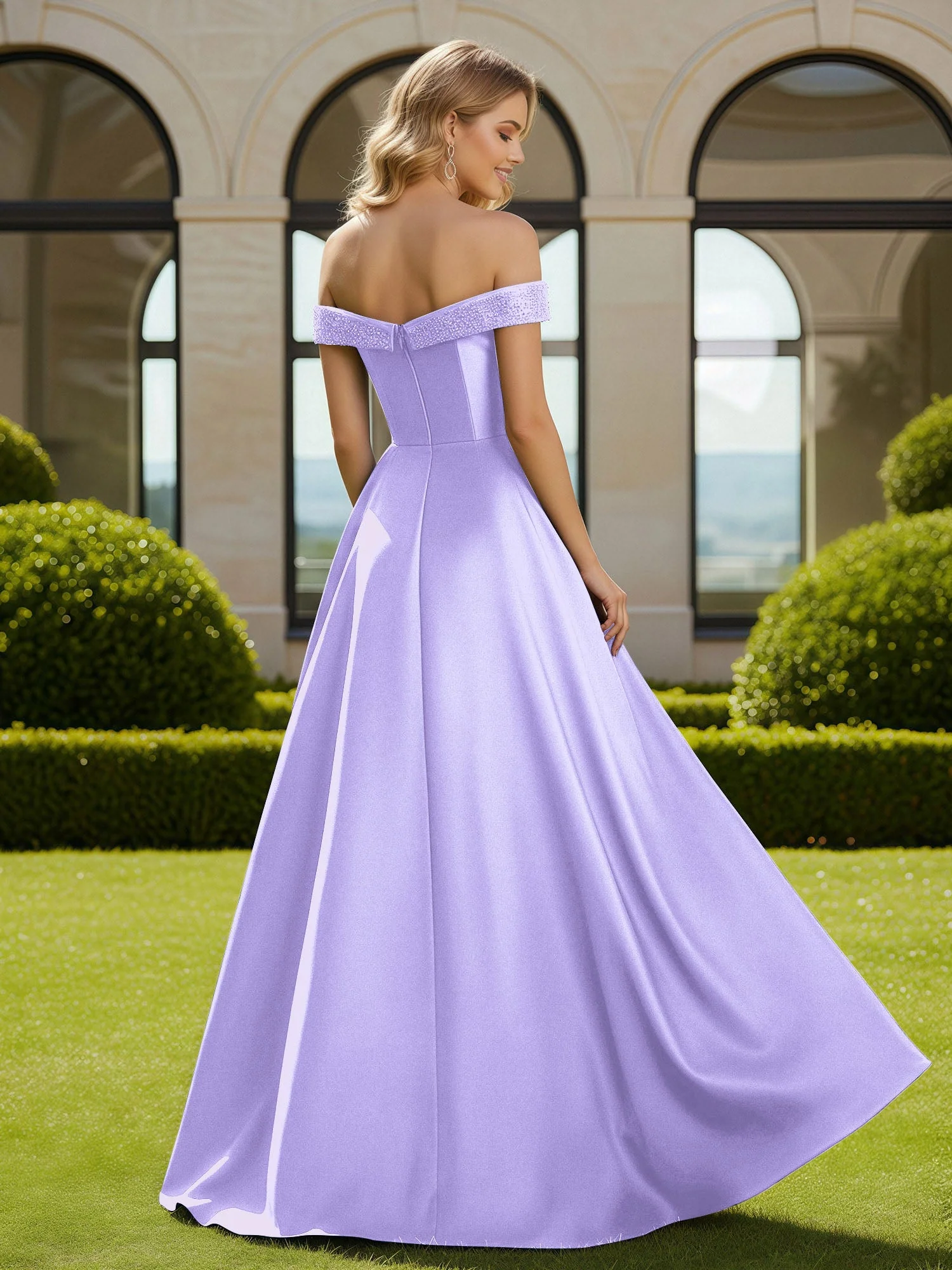 A-Linie Perlen Schulterfrei Lang Kleid mit Schlitz Lila - Image 2