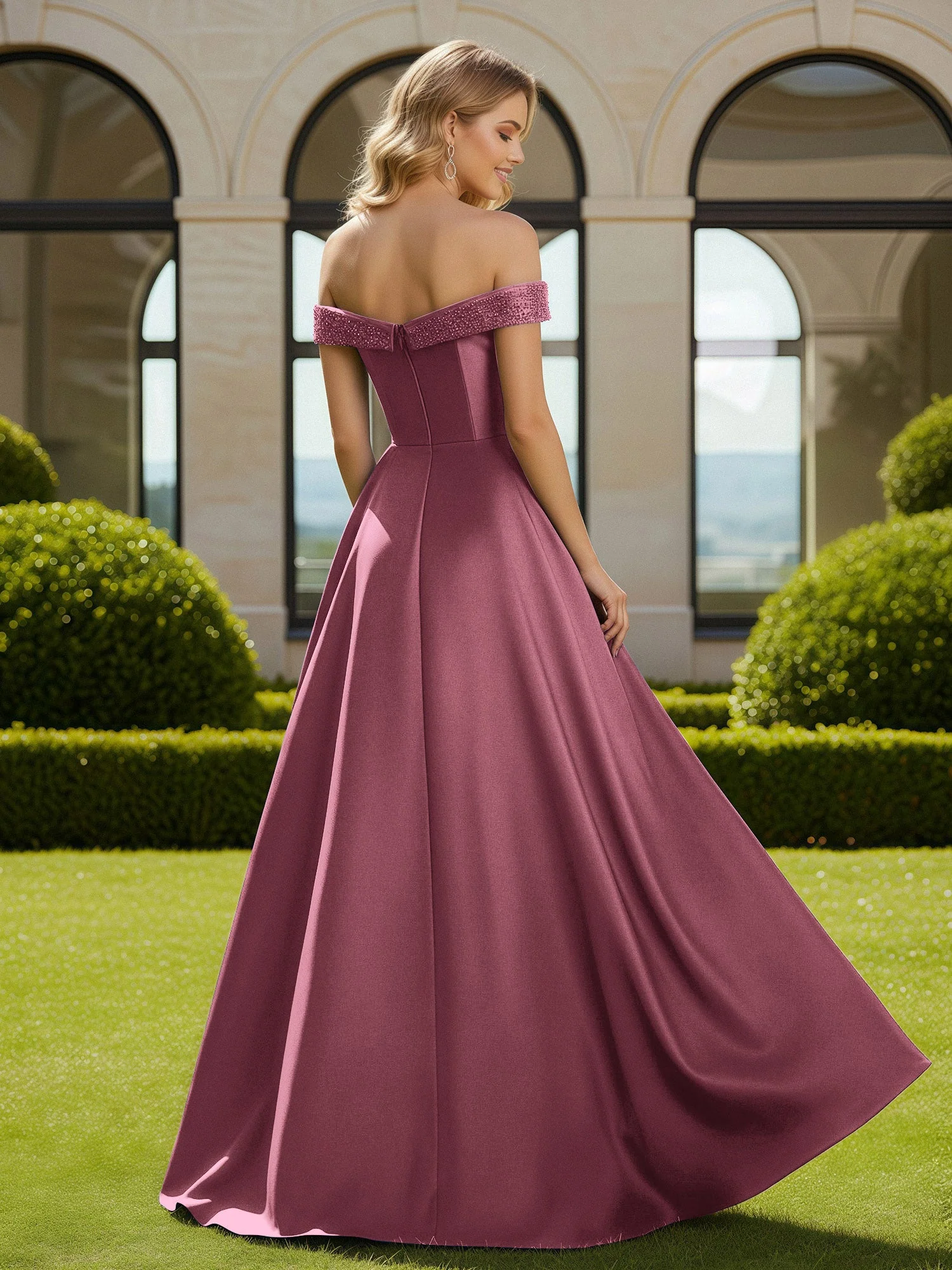 A-Linie Perlen Schulterfrei Lang Kleid mit Schlitz Maulbeere - Image 2