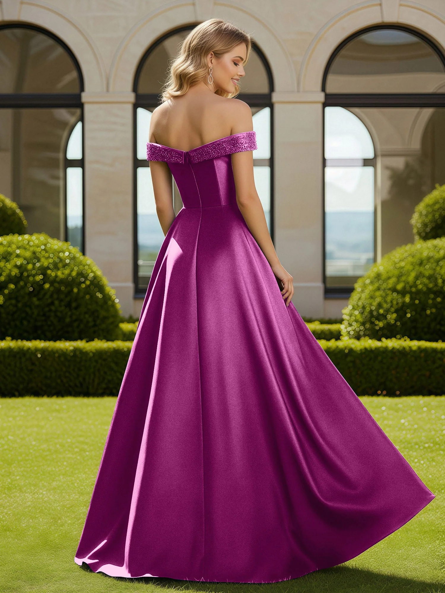 A-Linie Perlen Schulterfrei Lang Kleid mit Schlitz Orchidee - Image 2