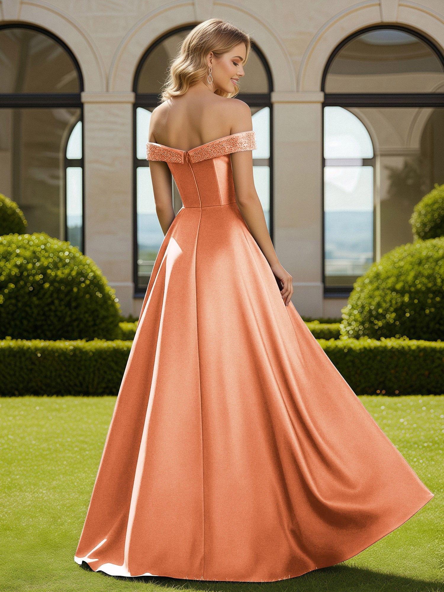 A-Linie Perlen Schulterfrei Lang Kleid mit Schlitz Papaya - Image 2