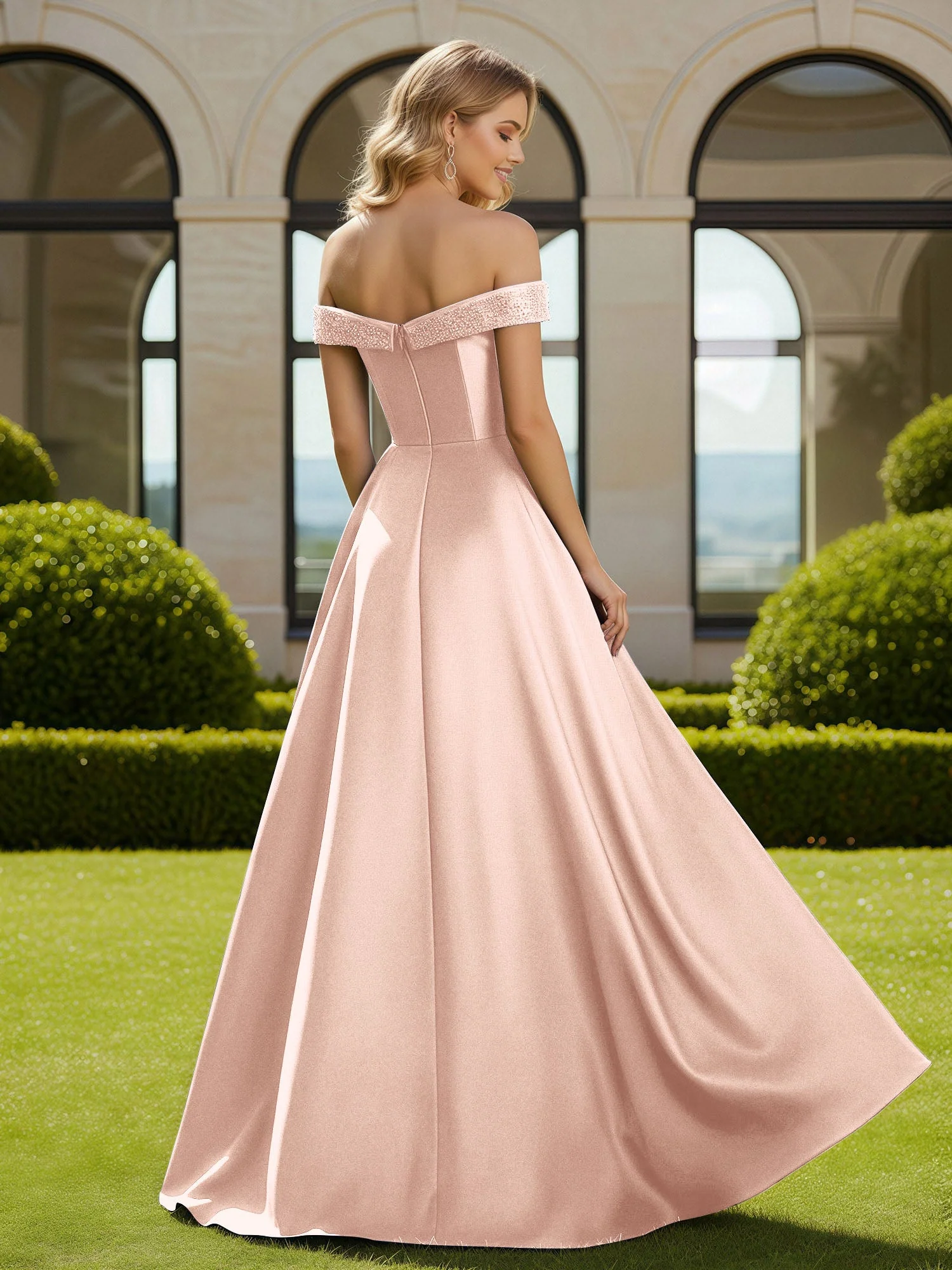 A-Linie Perlen Schulterfrei Lang Kleid mit Schlitz Perlrosa - Image 2