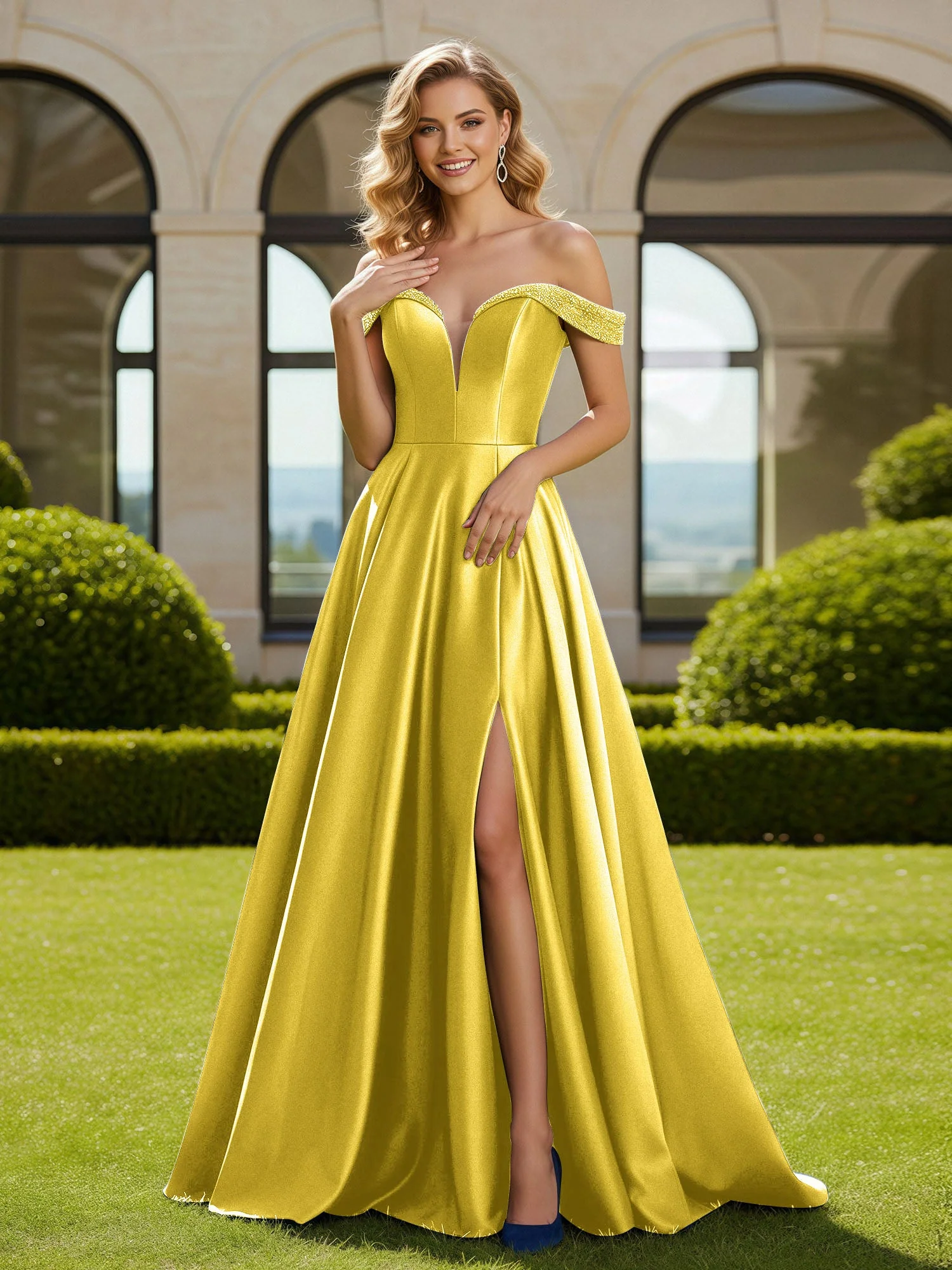 A-Linie Perlen Schulterfrei Lang Kleid mit Schlitz Ringelblume