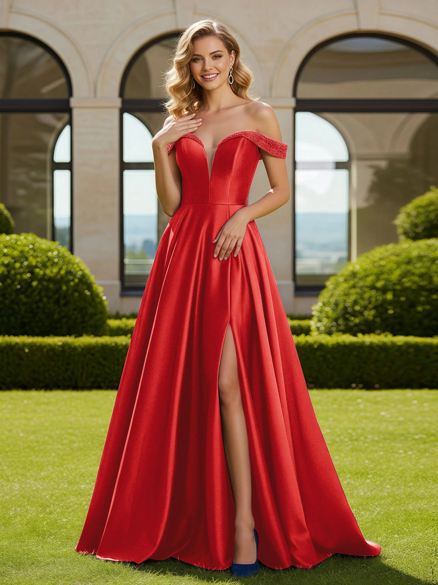 A-Linie Perlen Schulterfrei Lang Kleid mit Schlitz Rot