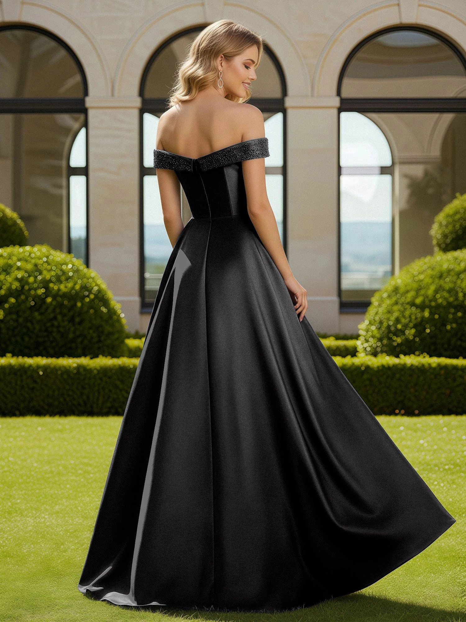 A-Linie Perlen Schulterfrei Lang Kleid mit Schlitz Schwarz - Image 2