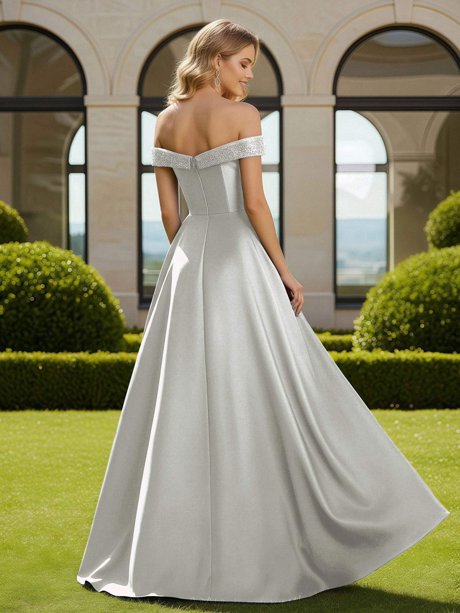 A-Linie Perlen Schulterfrei Lang Kleid mit Schlitz Silber - Image 2