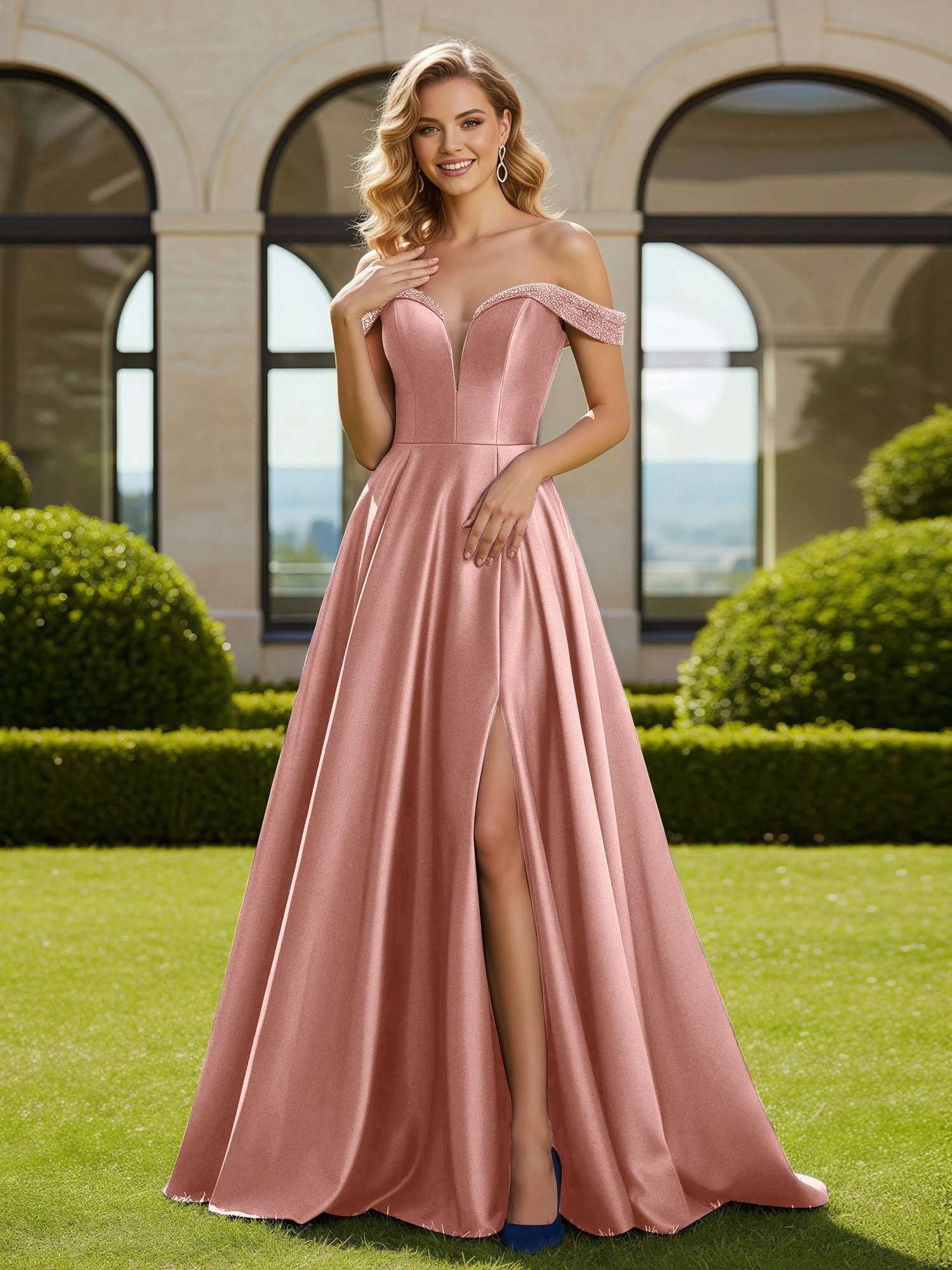 A-Linie Perlen Schulterfrei Lang Kleid mit Schlitz Staubige Rosa