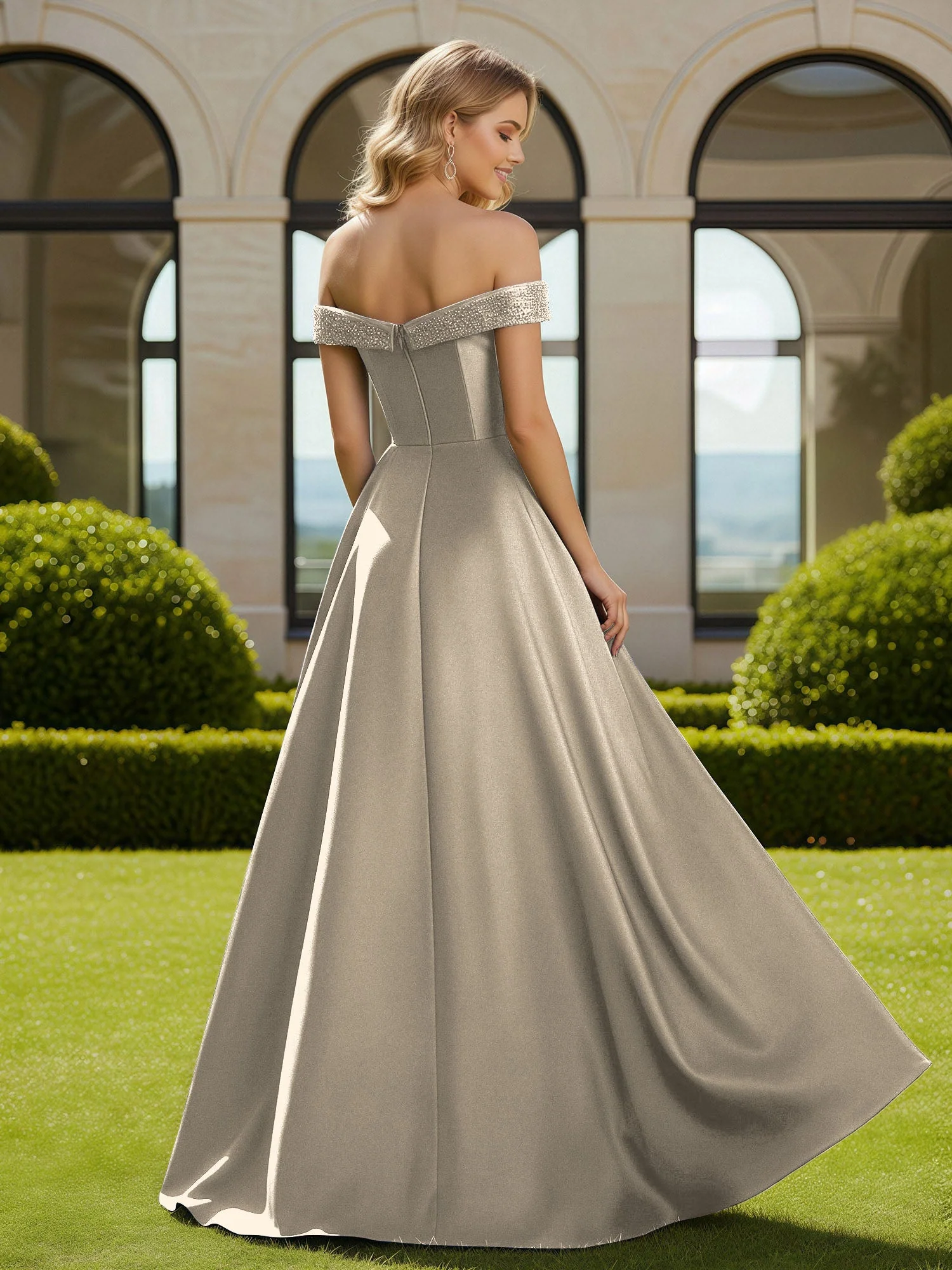 A-Linie Perlen Schulterfrei Lang Kleid mit Schlitz Taupe - Image 2