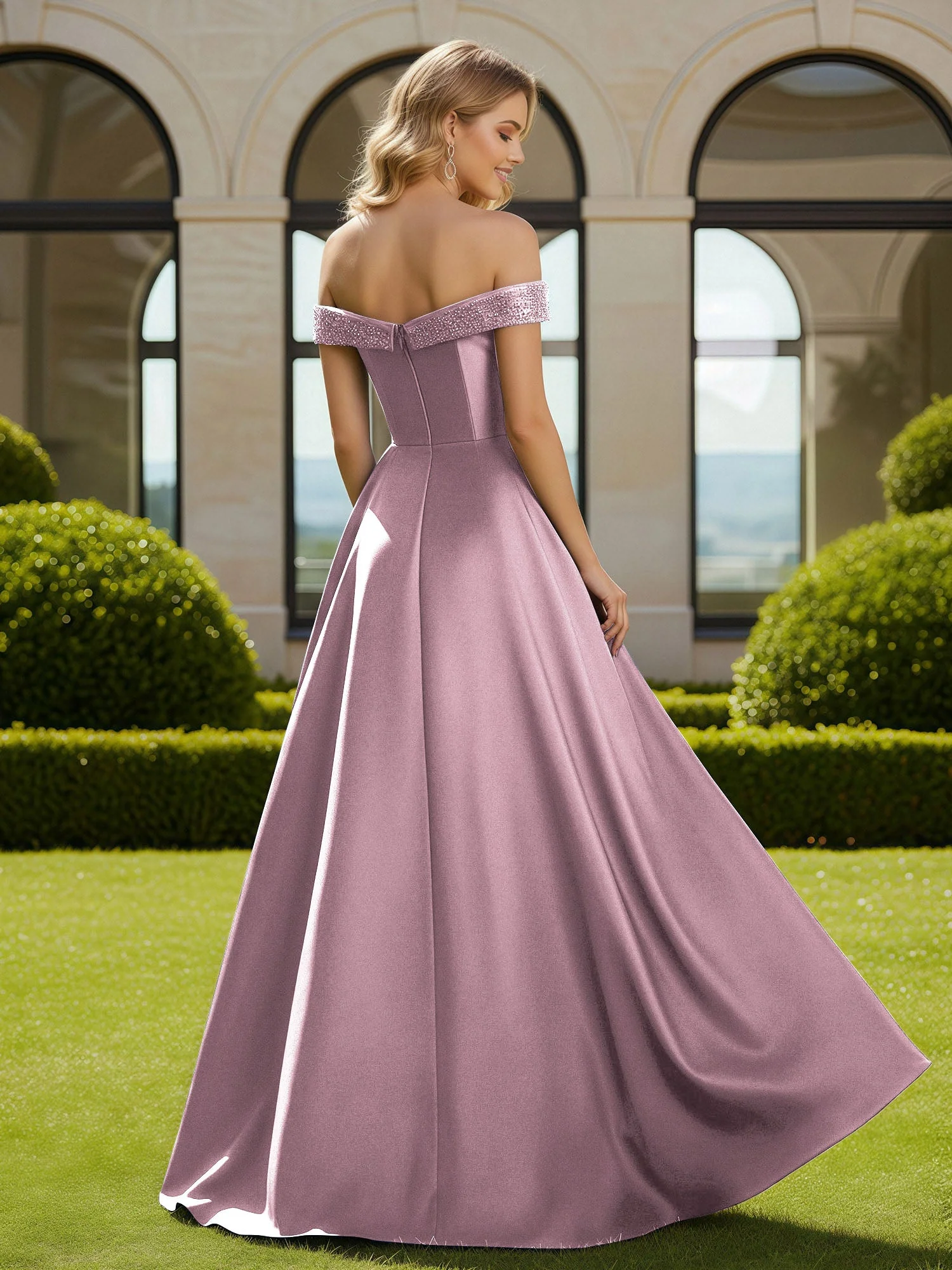 A-Linie Perlen Schulterfrei Lang Kleid mit Schlitz Vintage Mauve - Image 2