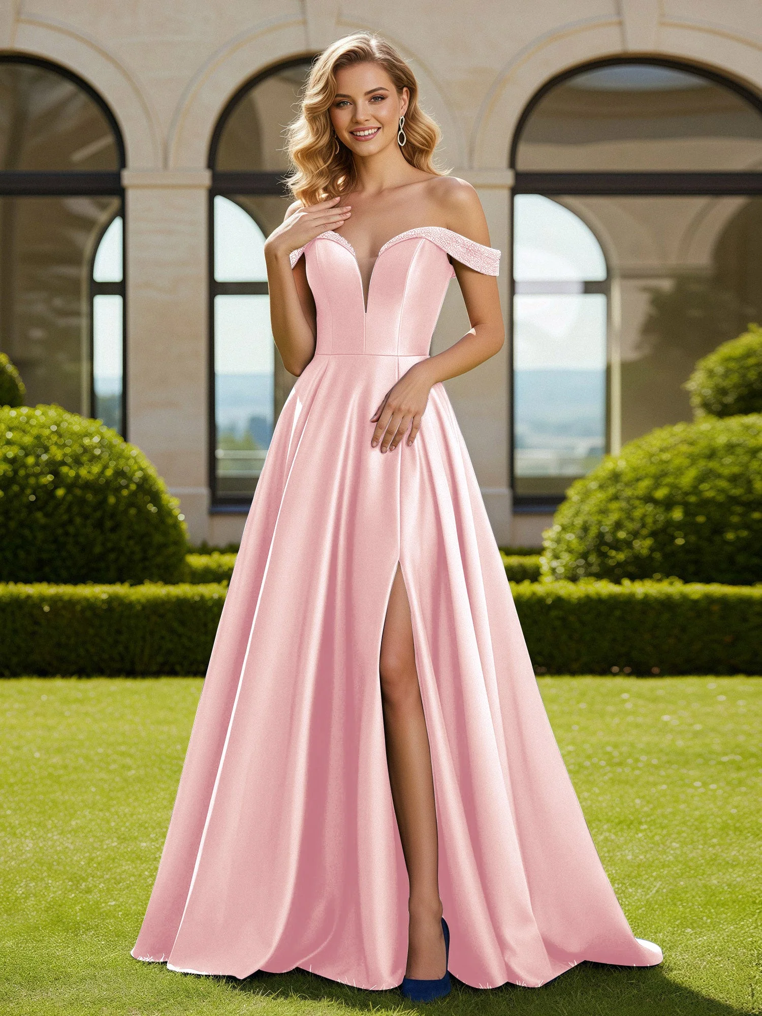 A-Linie Perlen Schulterfrei Lang Kleid mit Schlitz Zartrosa