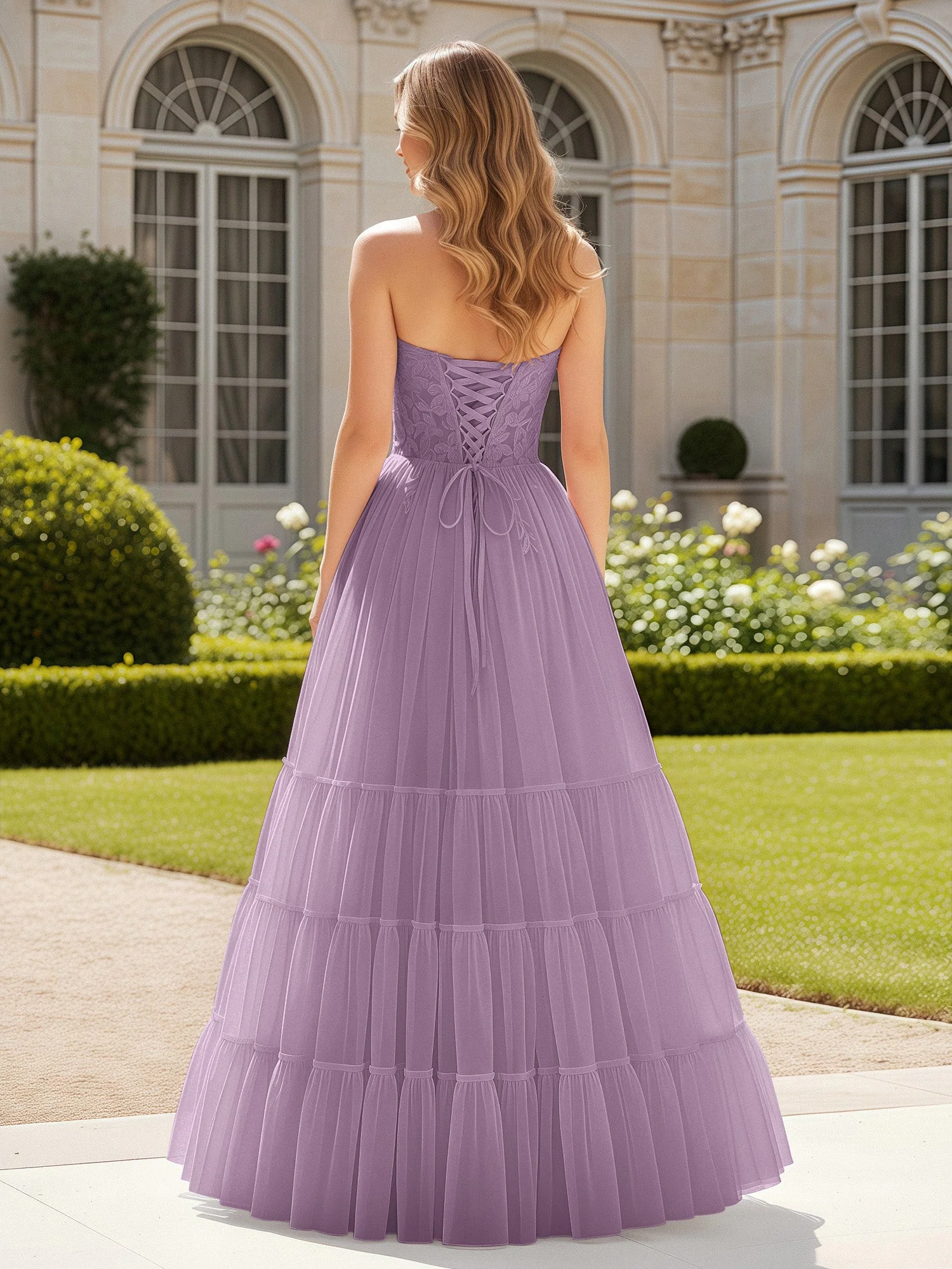Herzform Applique Korsett Tüll Kleid mit Schlitz Blauregen - Image 2