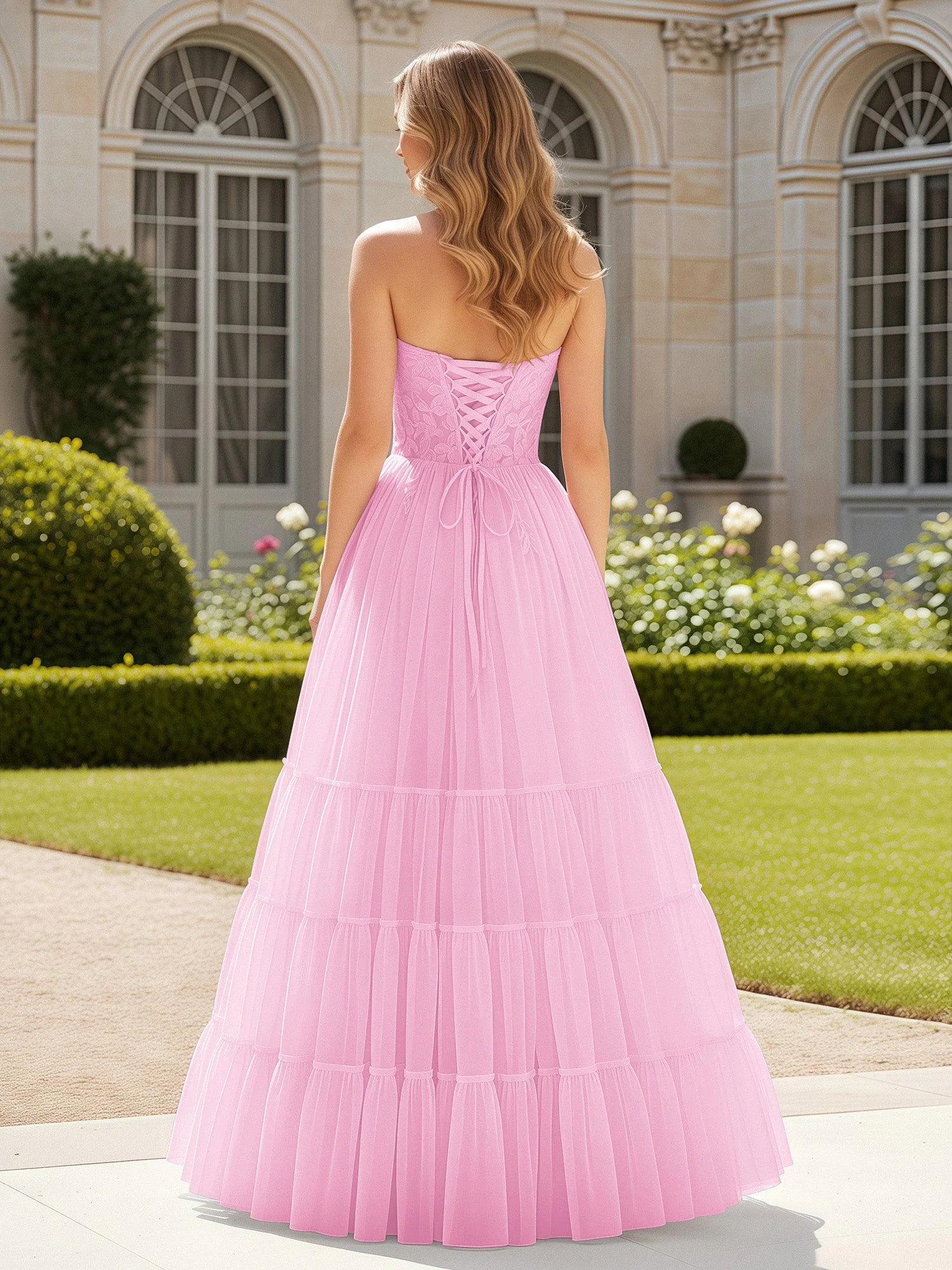 Herzform Applique Korsett Tüll Kleid mit Schlitz Bonbonrosa - Image 2