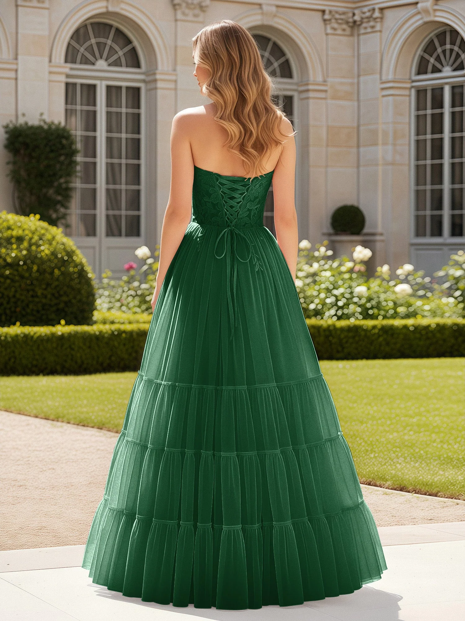 Herzform Applique Korsett Tüll Kleid mit Schlitz Dunkelgrün - Image 2