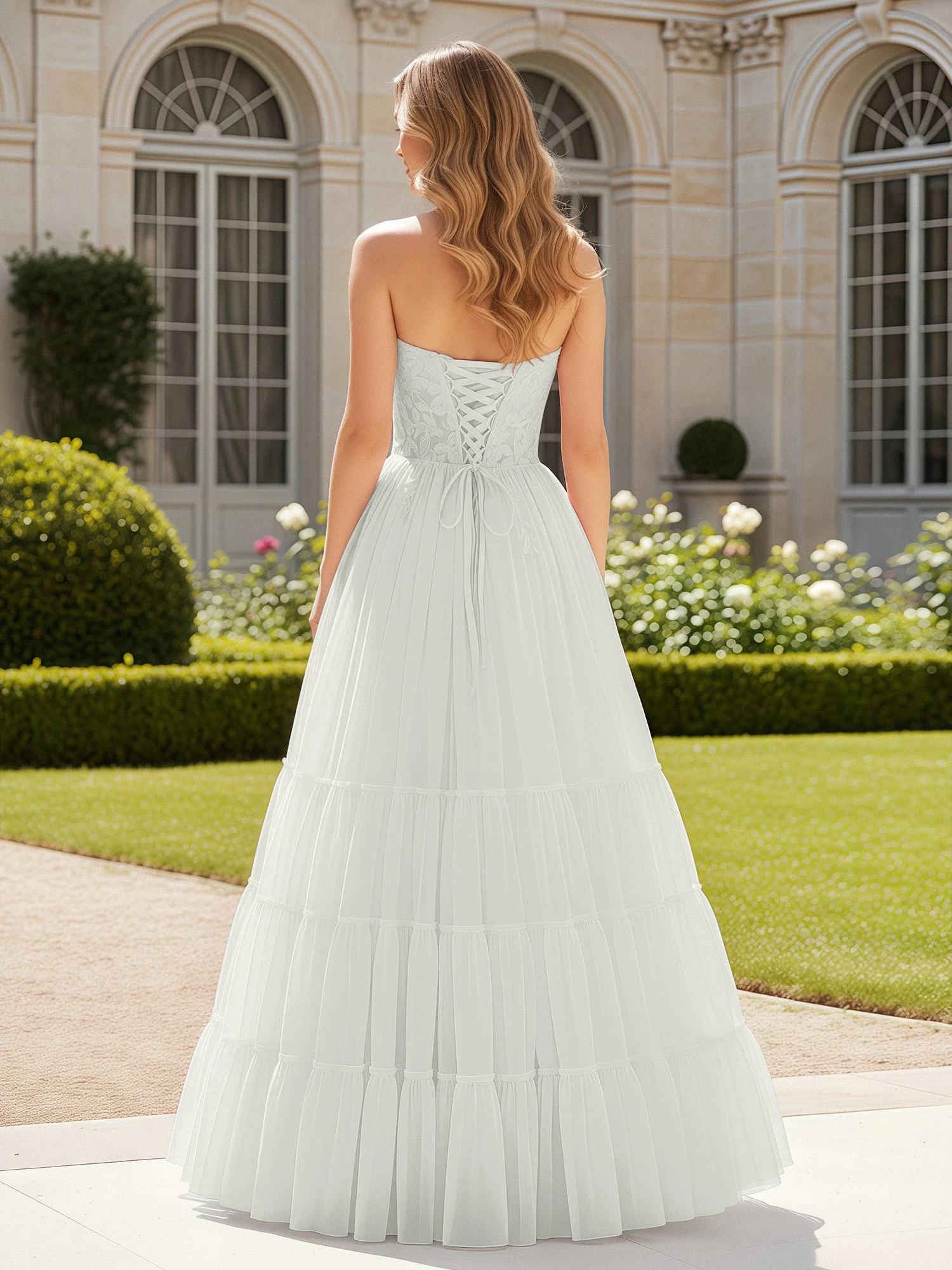 Herzform Applique Korsett Tüll Kleid mit Schlitz Elfenbein - Image 2