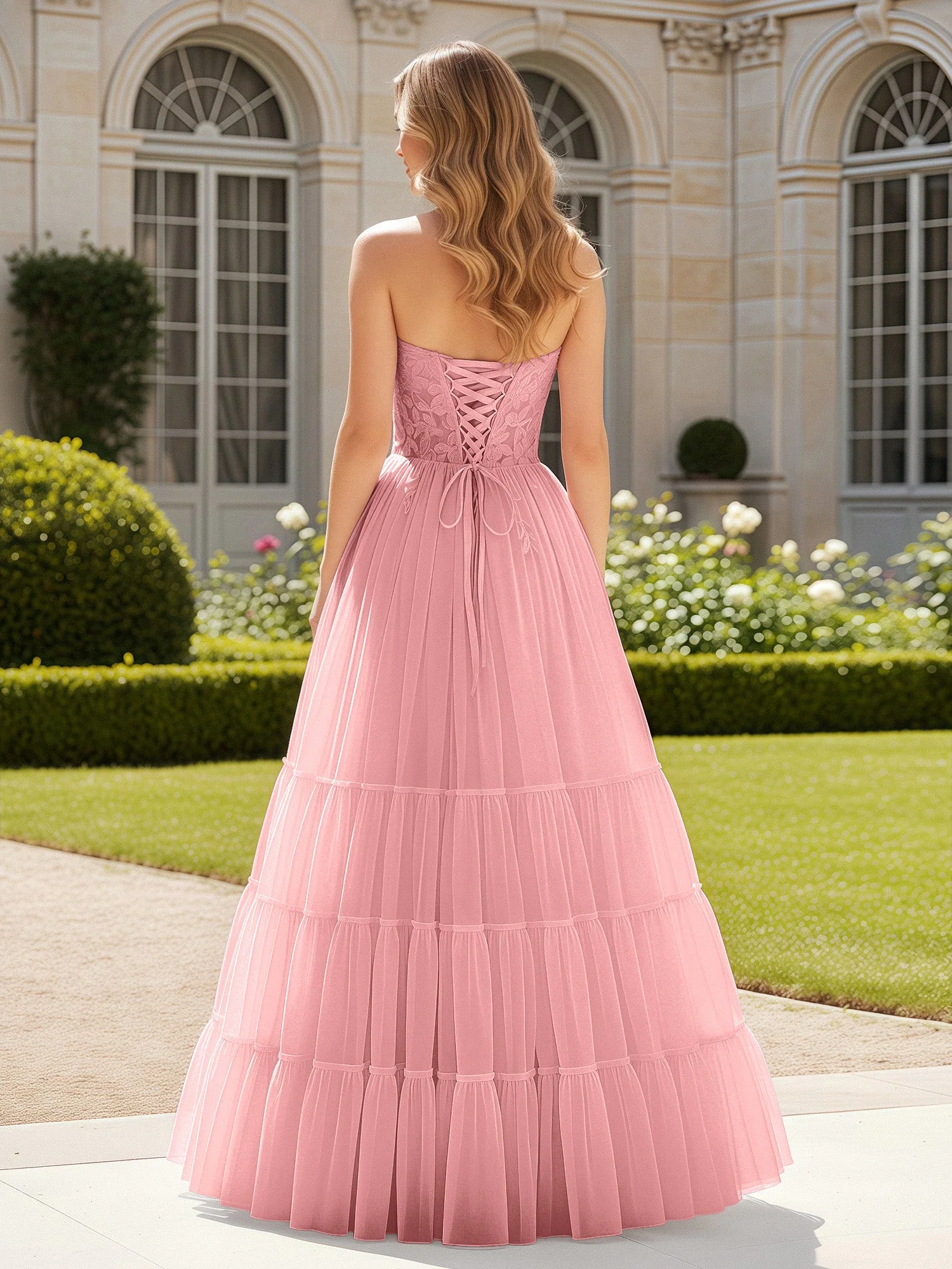 Herzform Applique Korsett Tüll Kleid mit Schlitz Flamingo - Image 2