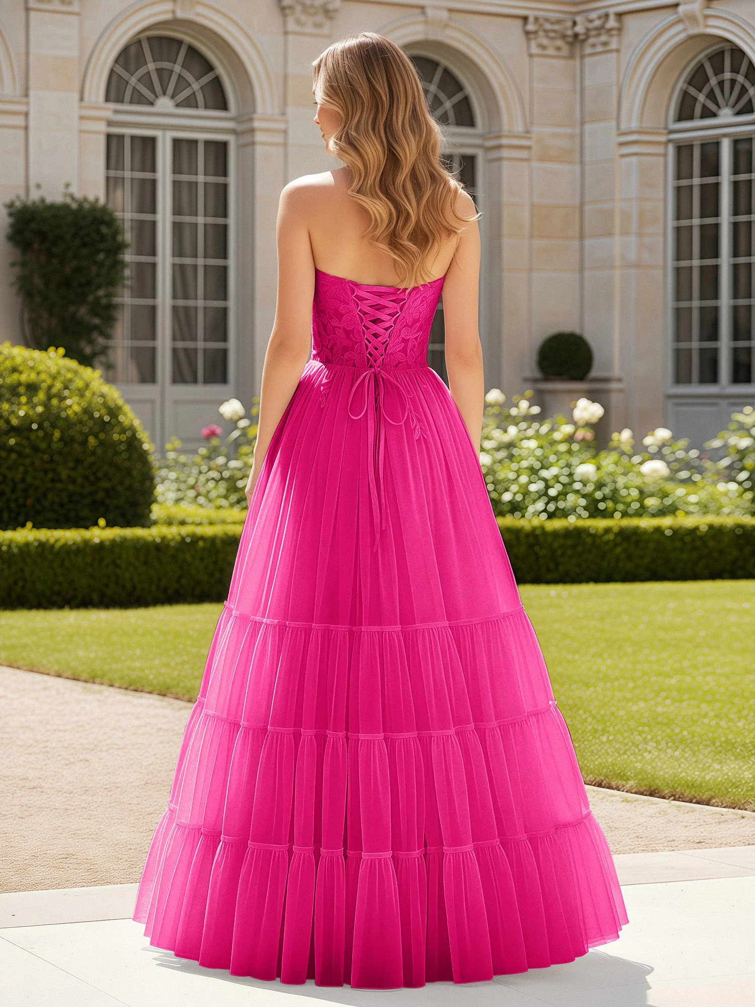 Herzform Applique Korsett Tüll Kleid mit Schlitz Fuchsia - Image 2