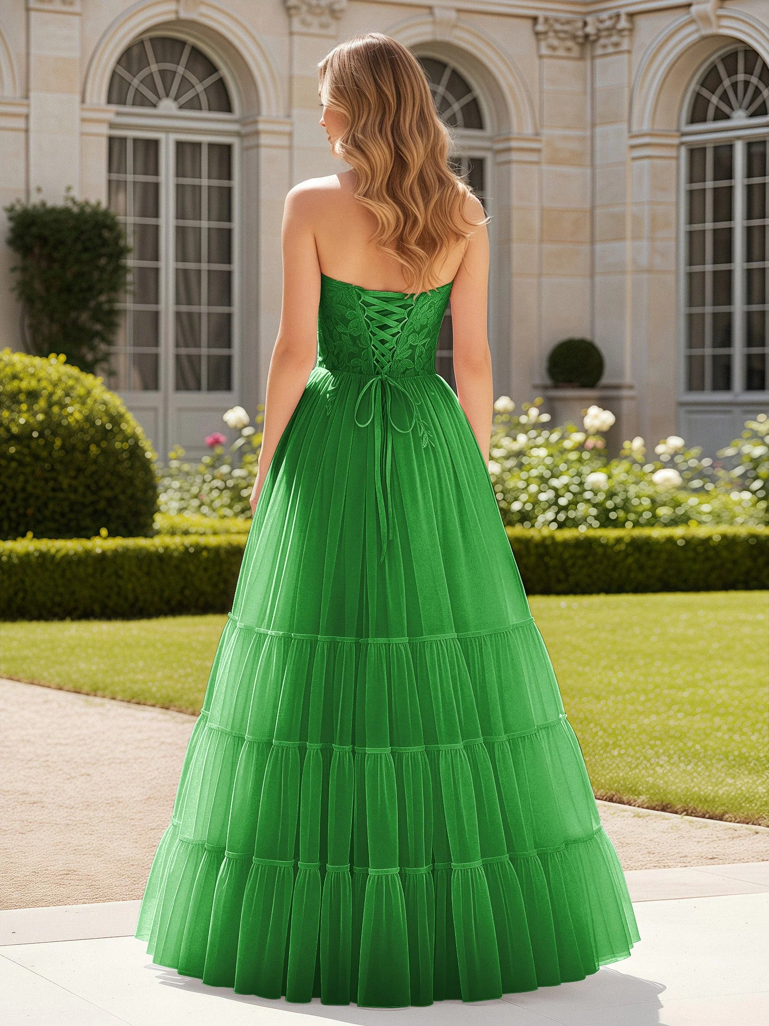 Herzform Applique Korsett Tüll Kleid mit Schlitz Grün - Image 2