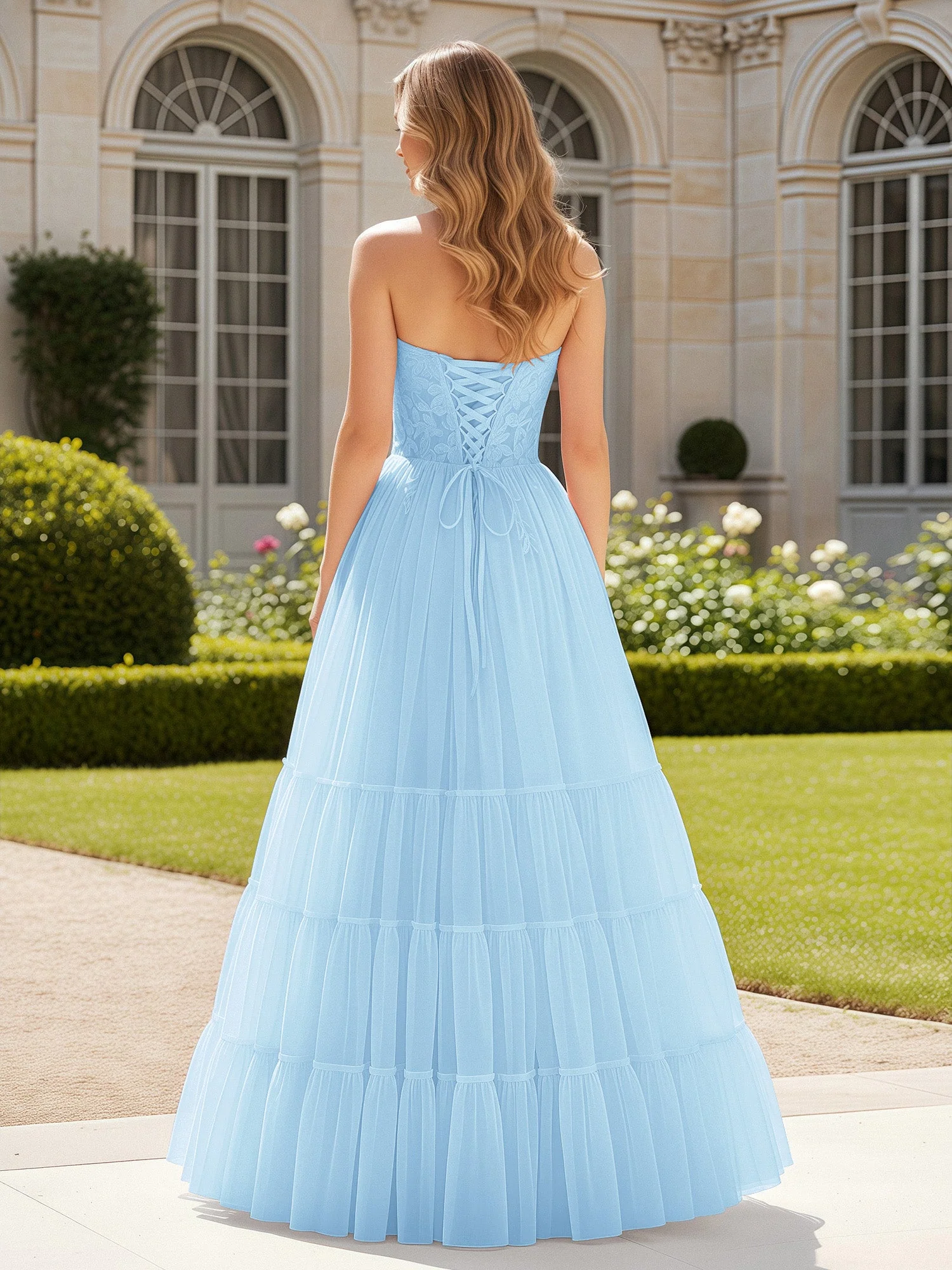Herzform Applique Korsett Tüll Kleid mit Schlitz Himmelblau - Image 2