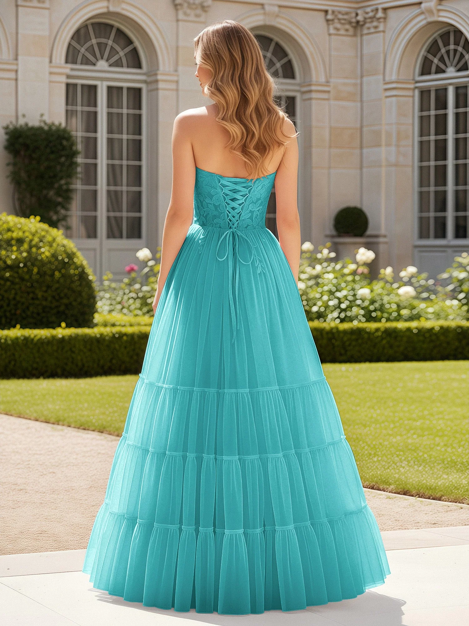 Herzform Applique Korsett Tüll Kleid mit Schlitz Jade - Image 2