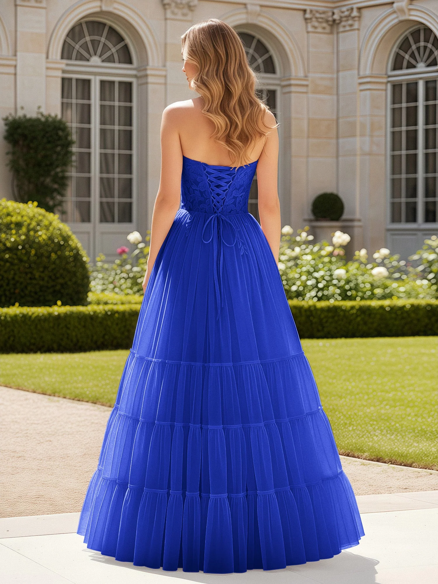 Herzform Applique Korsett Tüll Kleid mit Schlitz Königsblau - Image 2
