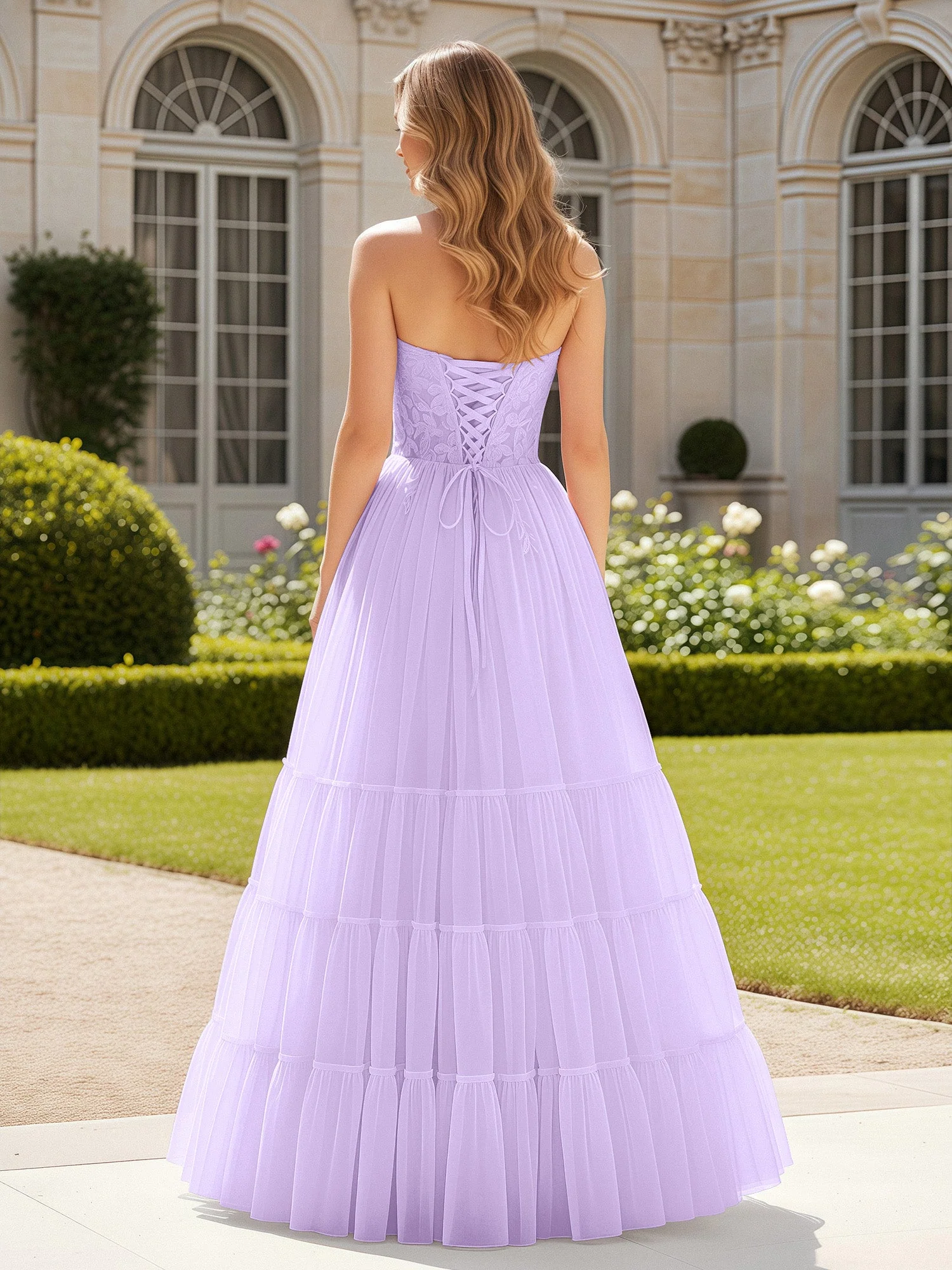 Herzform Applique Korsett Tüll Kleid mit Schlitz Lila - Image 2