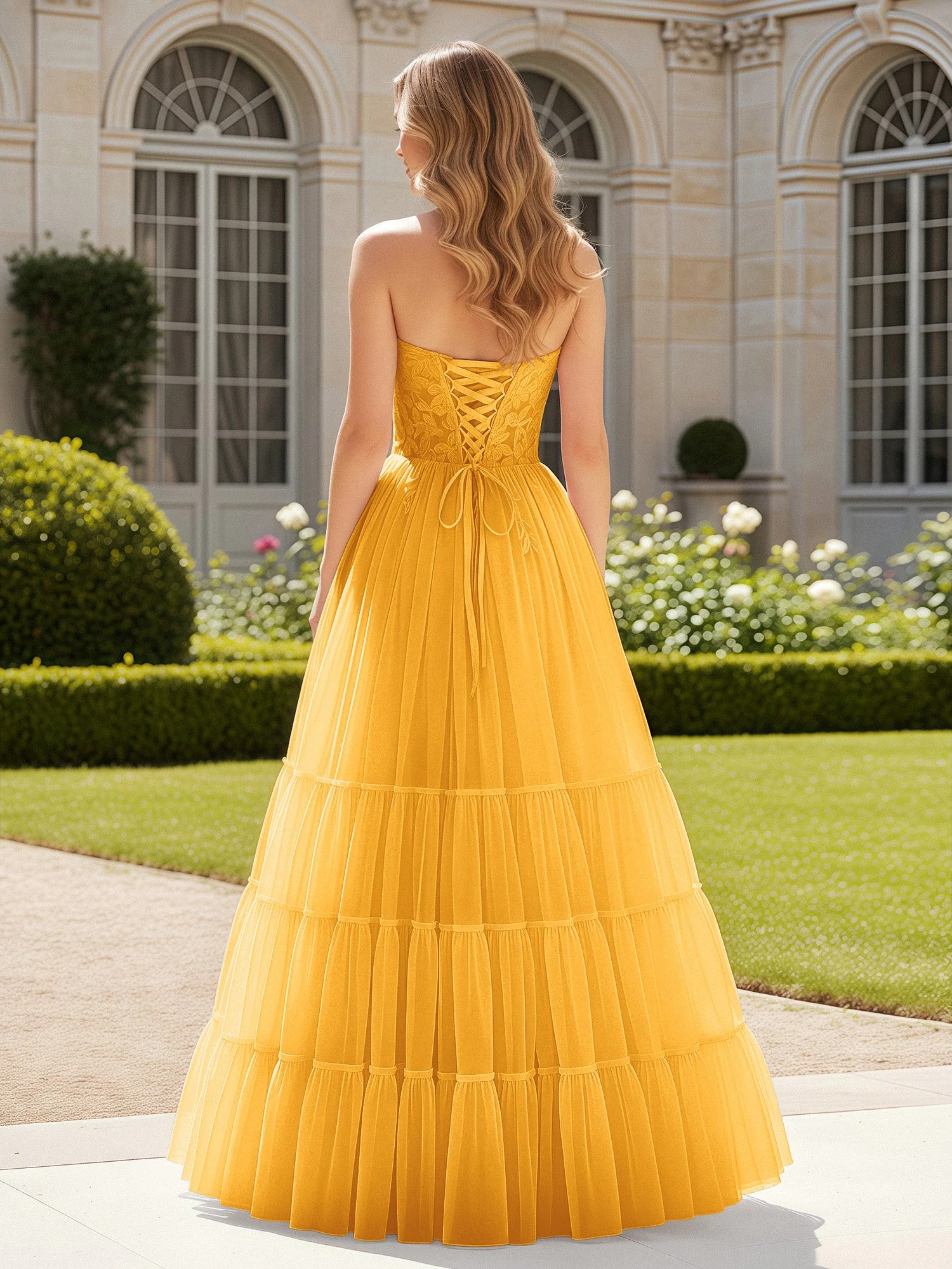 Herzform Applique Korsett Tüll Kleid mit Schlitz Mandarine - Image 2