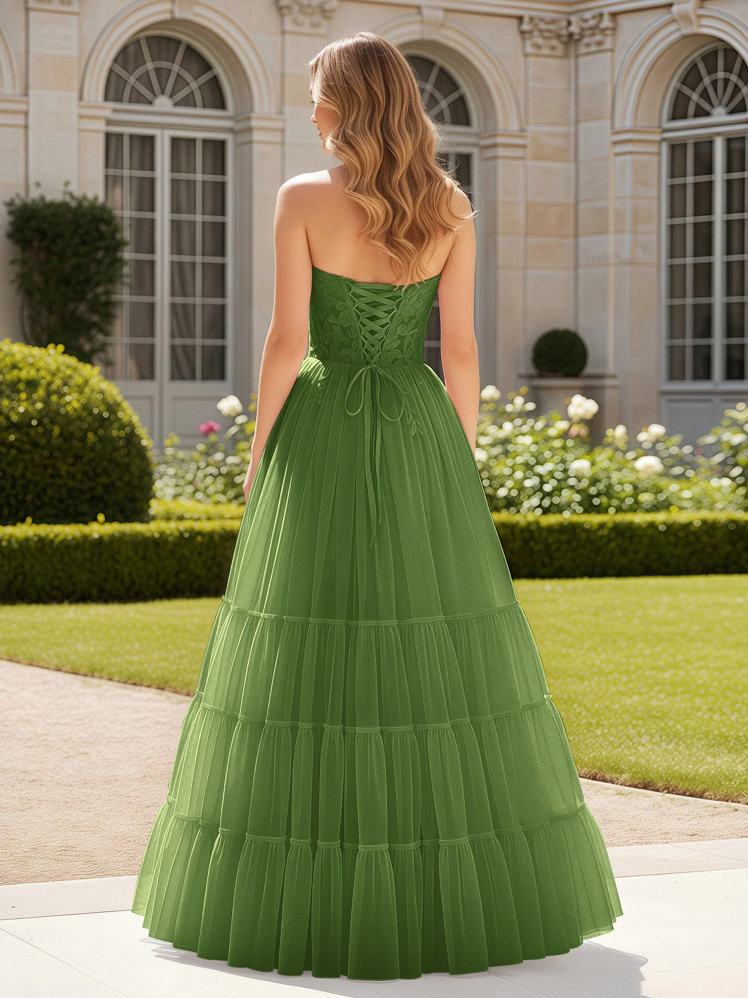 Herzform Applique Korsett Tüll Kleid mit Schlitz Moos - Image 2
