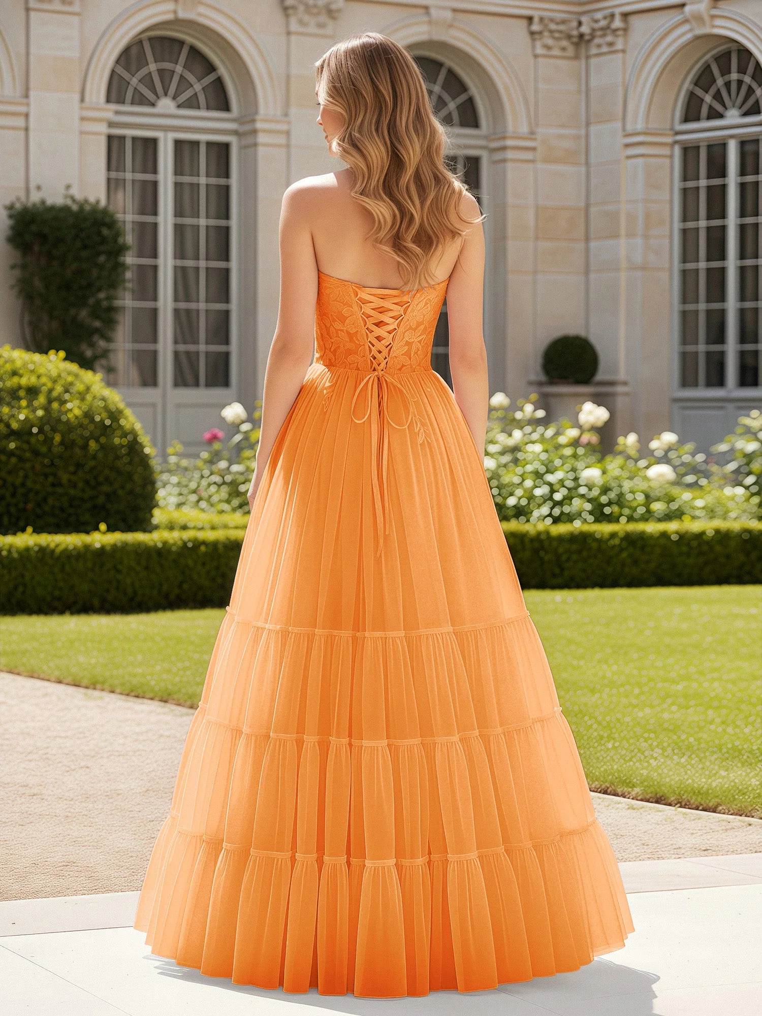 Herzform Applique Korsett Tüll Kleid mit Schlitz Orange - Image 2