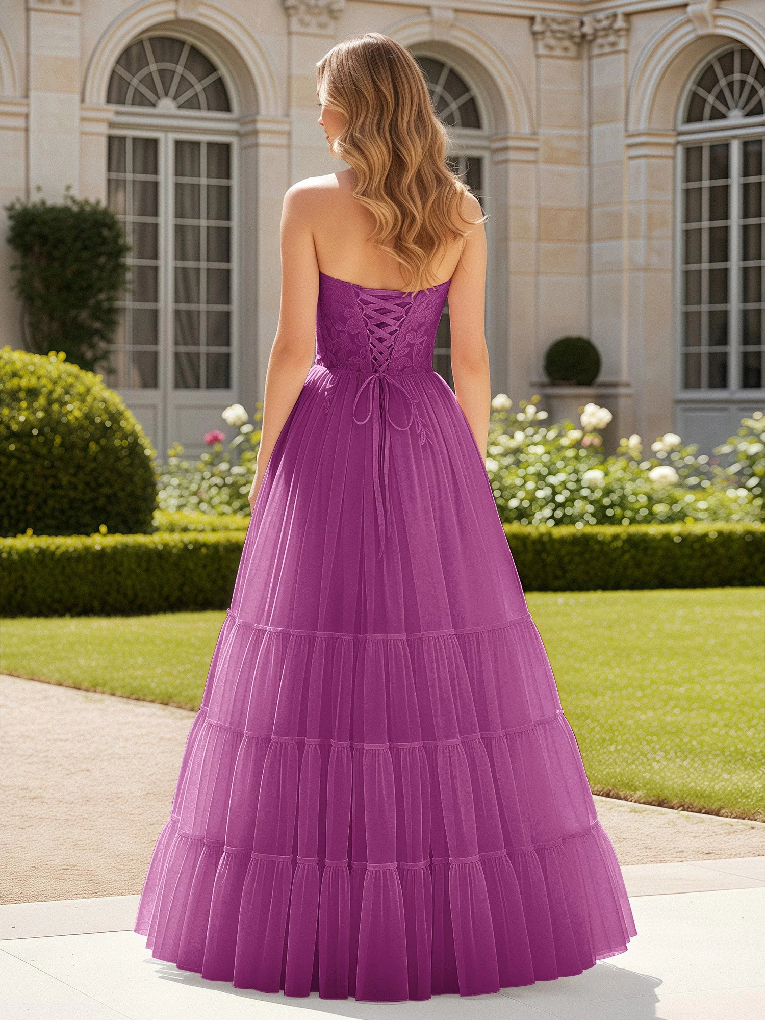 Herzform Applique Korsett Tüll Kleid mit Schlitz Orchidee - Image 2
