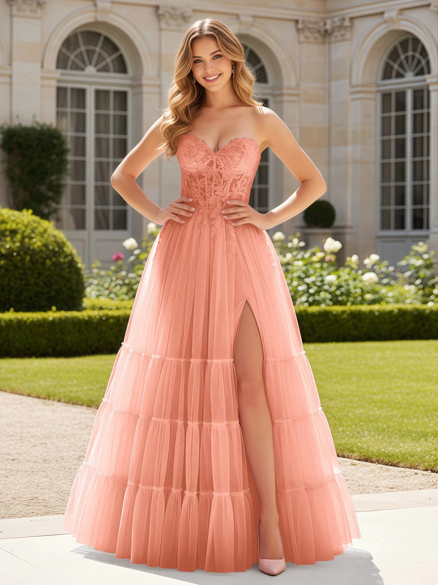 Herzform Applique Korsett Tüll Kleid mit Schlitz Papaya