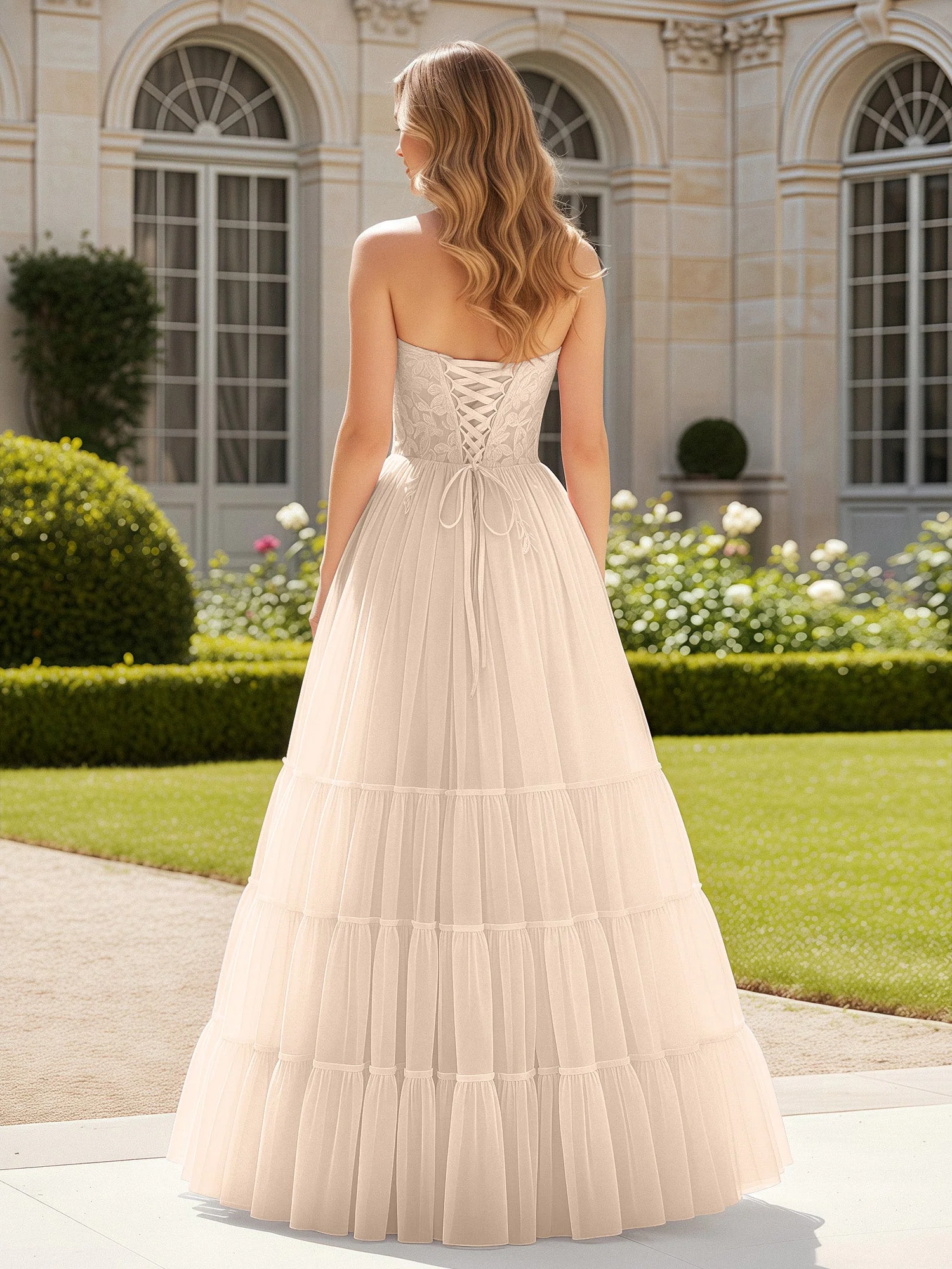 Herzform Applique Korsett Tüll Kleid mit Schlitz Pfirsich - Image 2
