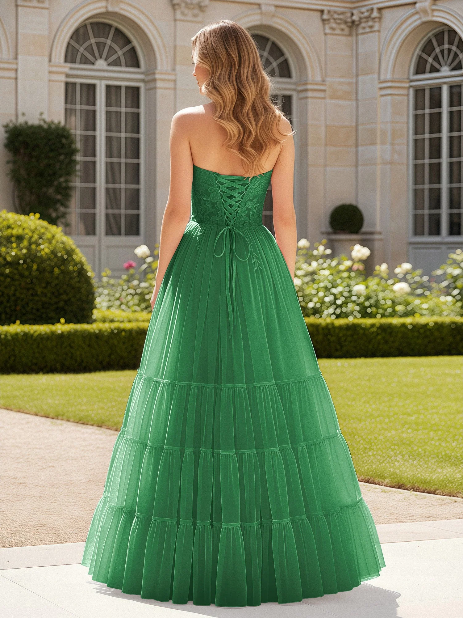Herzform Applique Korsett Tüll Kleid mit Schlitz Smaragd - Image 2