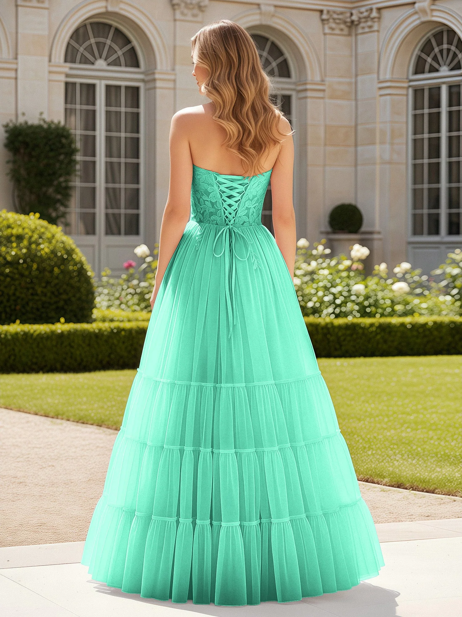 Herzform Applique Korsett Tüll Kleid mit Schlitz Türkis - Image 2