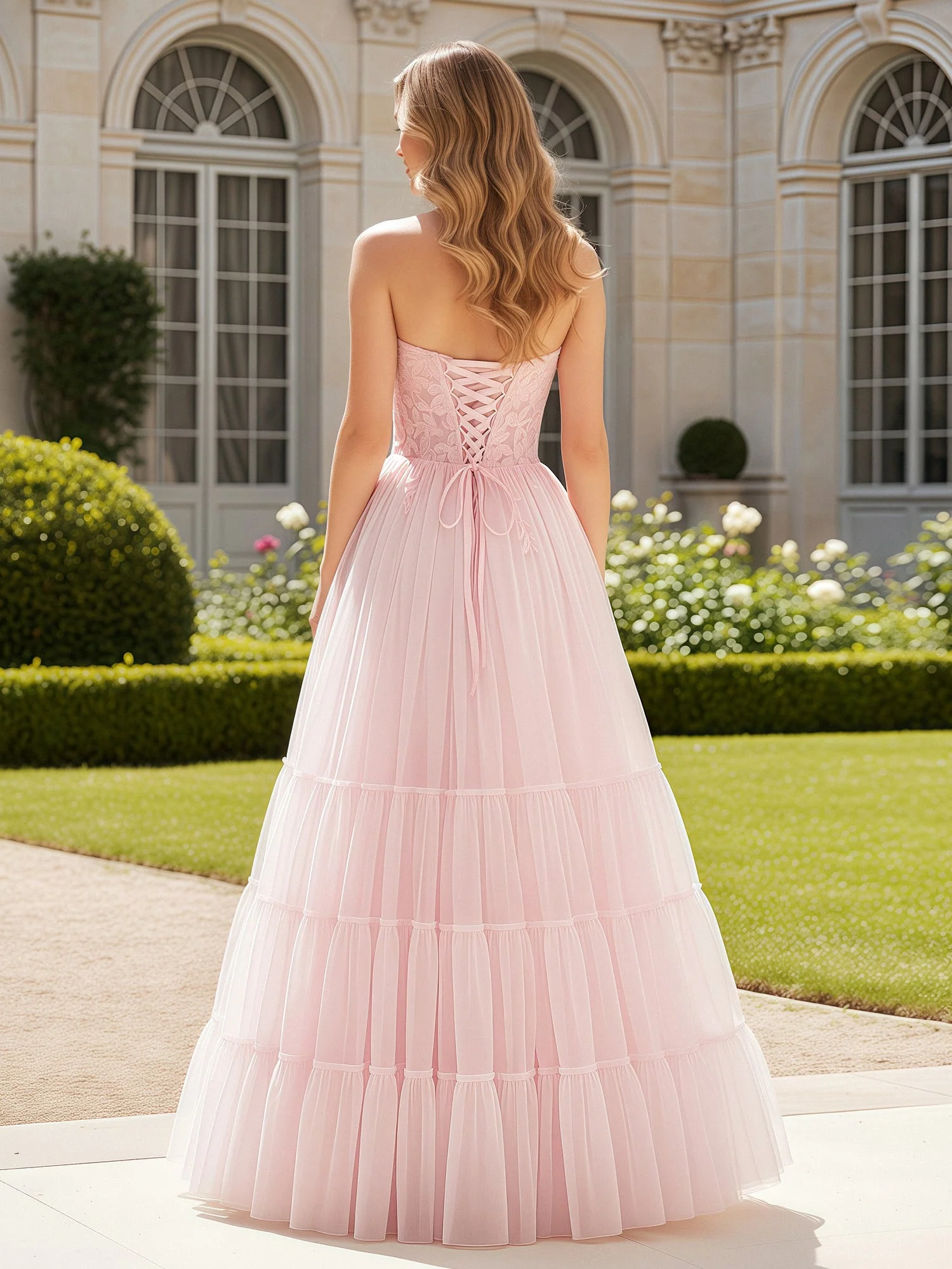 Herzform Applique Korsett Tüll Kleid mit Schlitz Zartrosa - Image 2