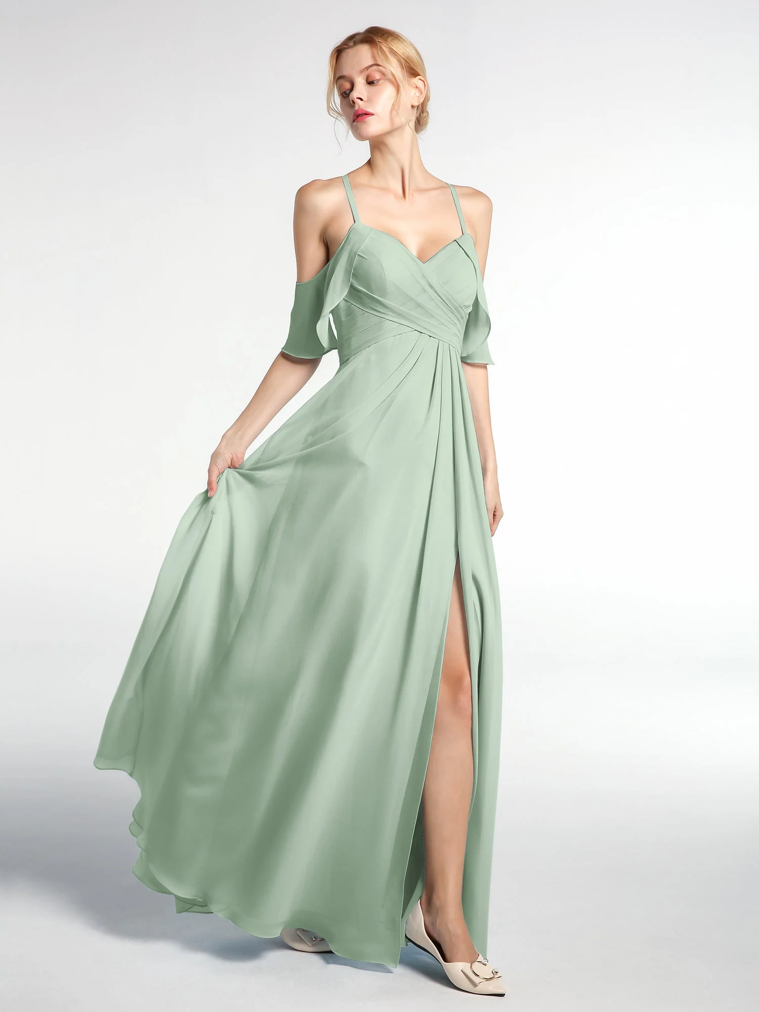 Spaghetti Träger Empire-Kleid mit Rüschdekoration Ärmeln Agavengrün - Image 3