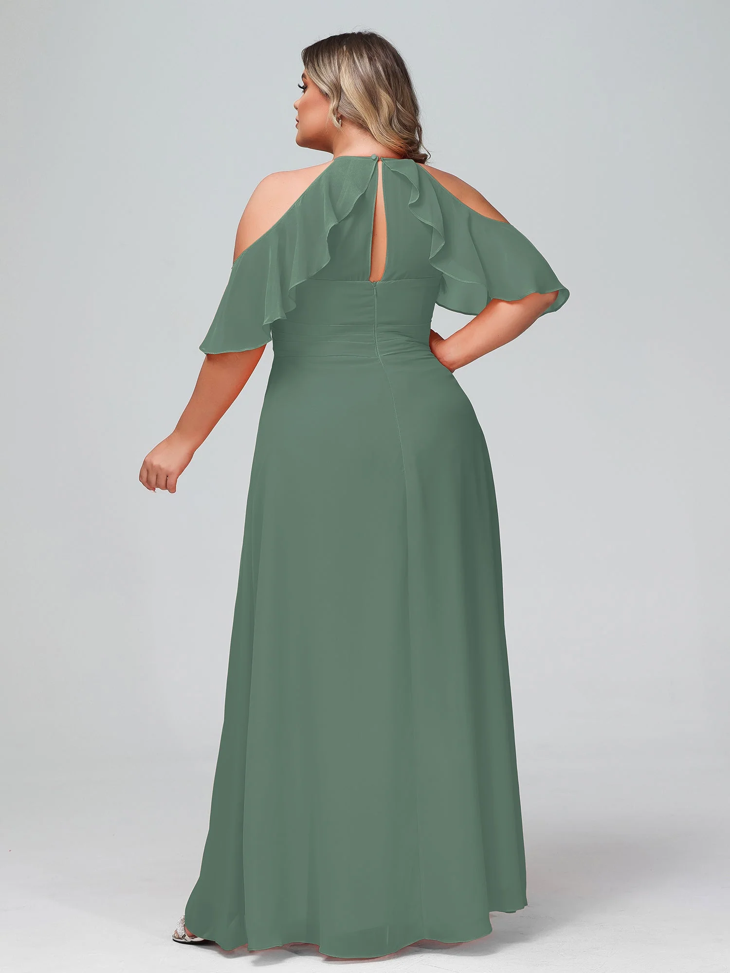 Spaghetti Träger Empire-Kleid mit Rüschdekoration Ärmeln Eukalyptus - Image 5