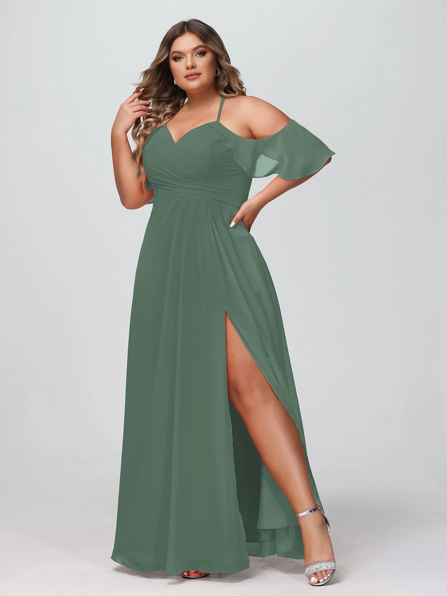 Spaghetti Träger Empire-Kleid mit Rüschdekoration Ärmeln Eukalyptus - Image 6