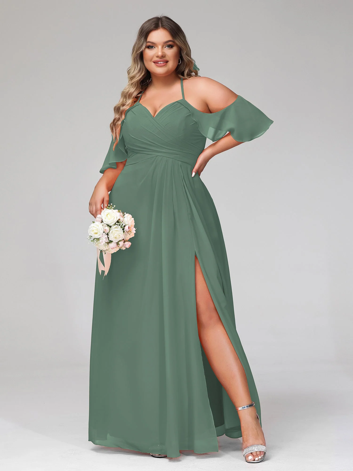 Spaghetti Träger Empire-Kleid mit Rüschdekoration Ärmeln Eukalyptus - Image 7