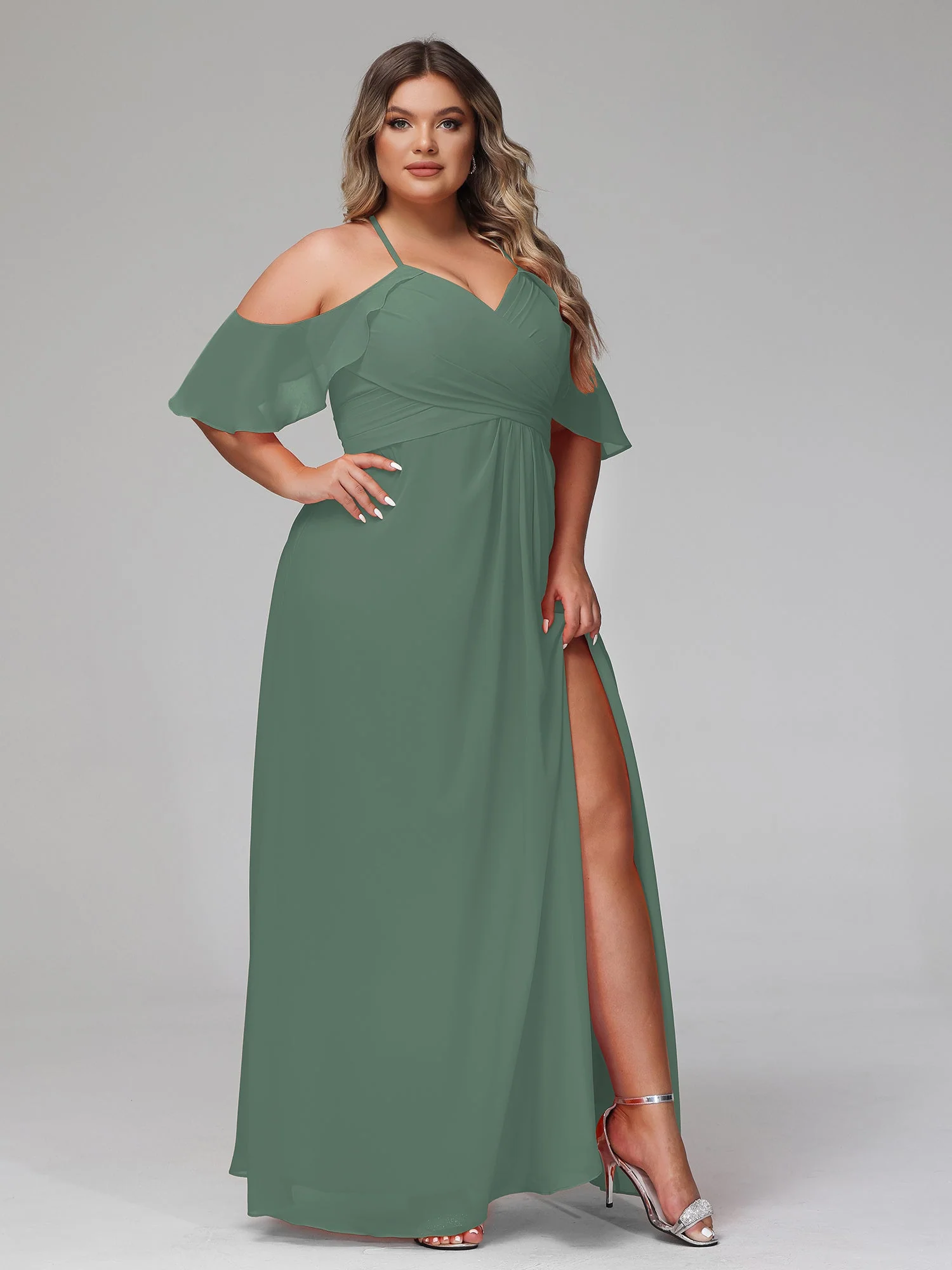 Spaghetti Träger Empire-Kleid mit Rüschdekoration Ärmeln Eukalyptus - Image 8