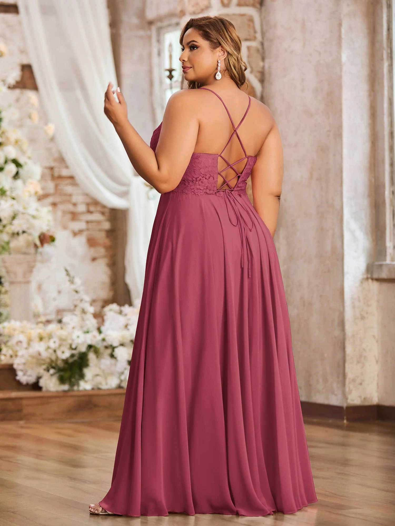 Spaghetti Träger Spitze Kleid mit Korsett Rücken Zimtrose - Image 2