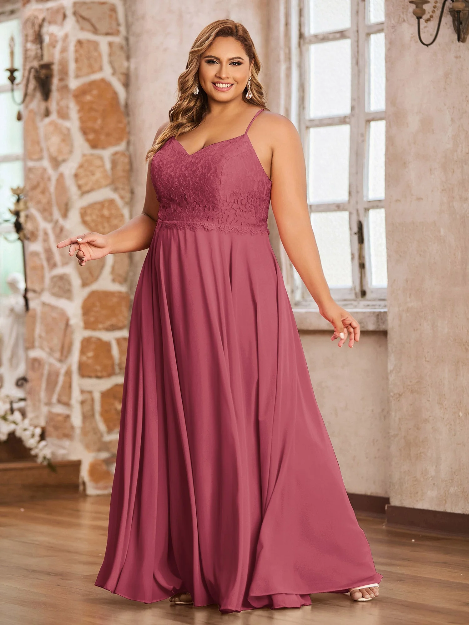 Spaghetti Träger Spitze Kleid mit Korsett Rücken Zimtrose - Image 3