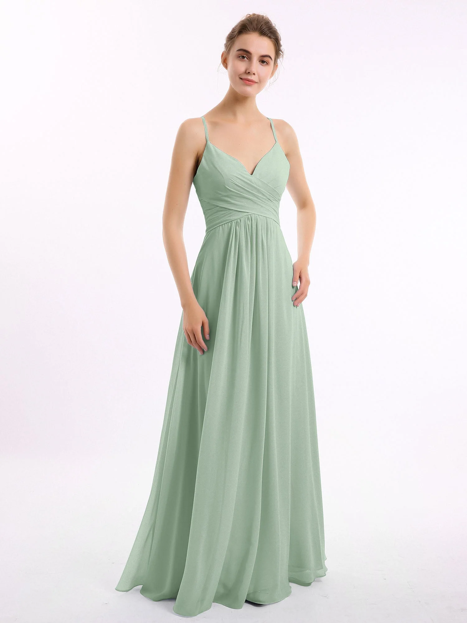 Spaghetti Träger V-Ausschnitt Chiffon Kleid Agavengrün