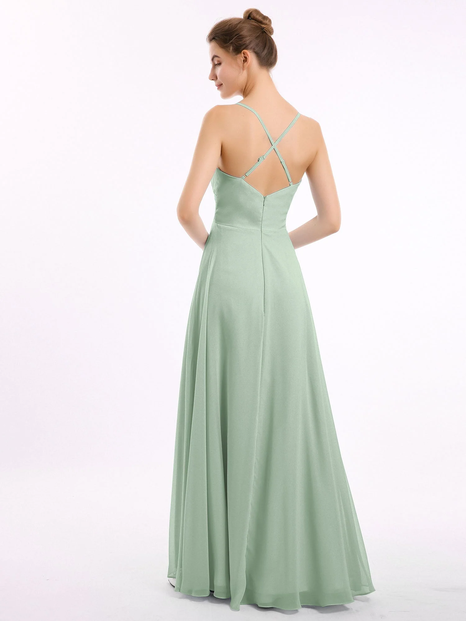 Spaghetti Träger V-Ausschnitt Chiffon Kleid Agavengrün - Image 2