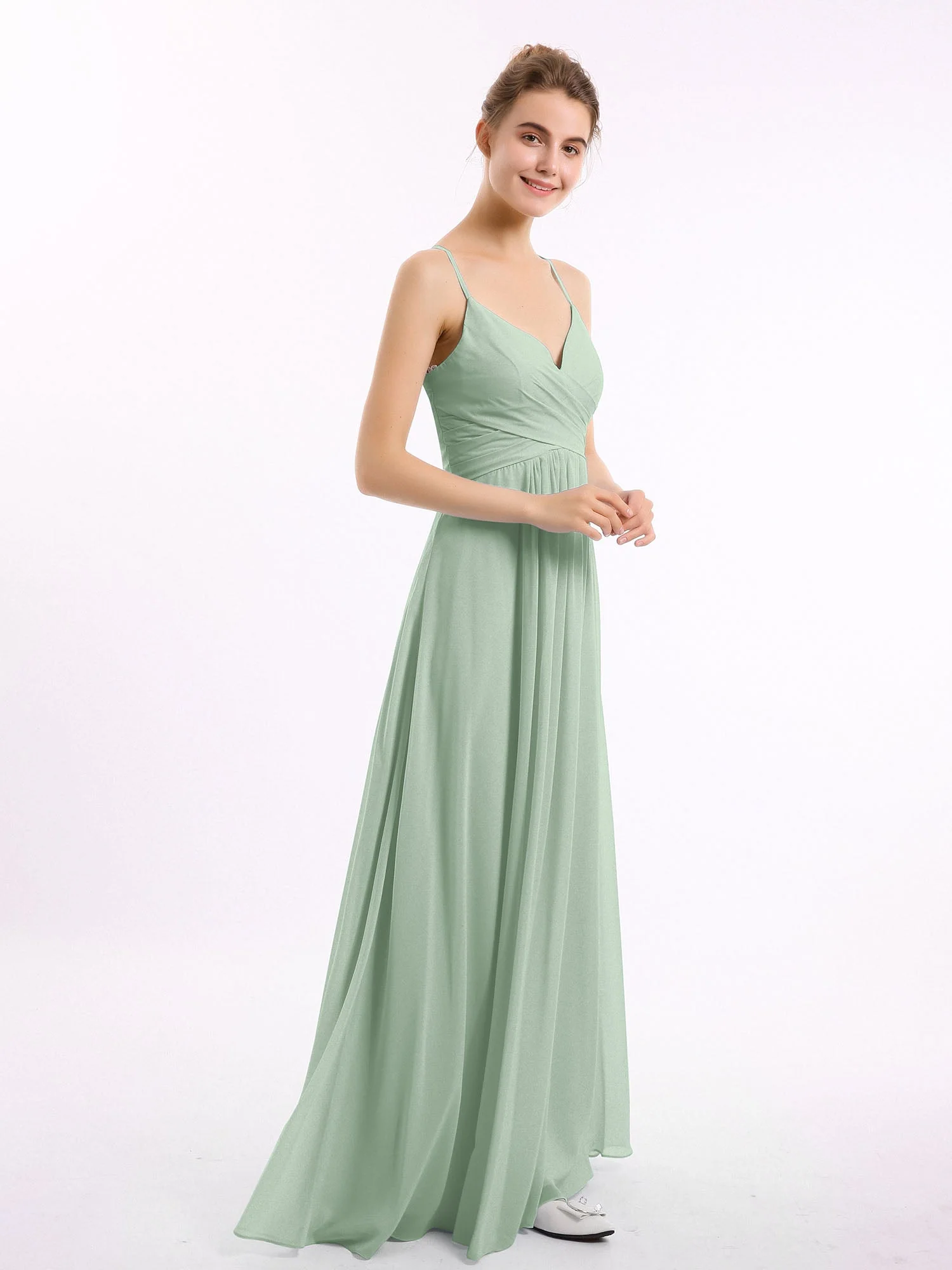 Spaghetti Träger V-Ausschnitt Chiffon Kleid Agavengrün - Image 3