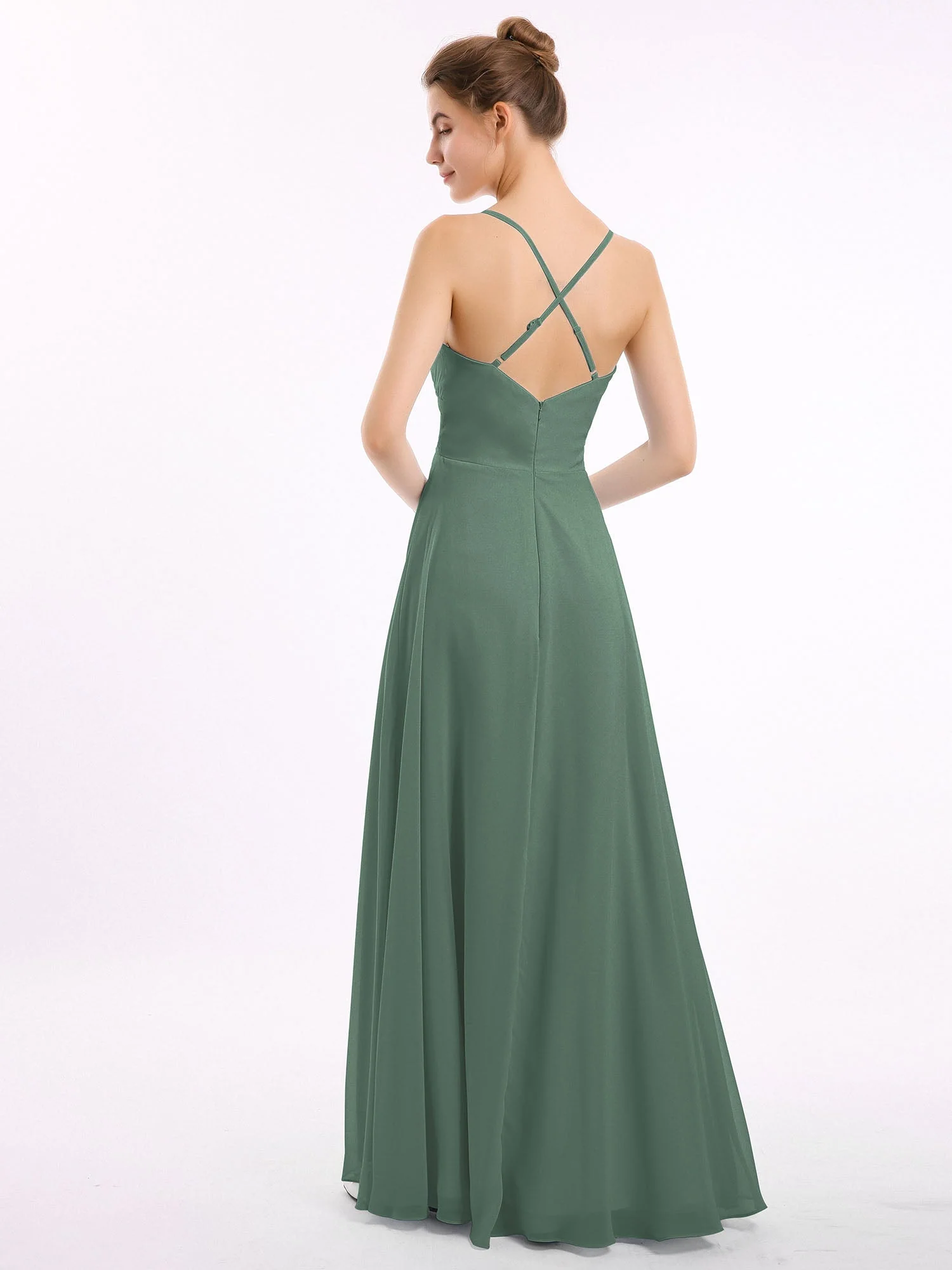 Spaghetti TrÀger V-Ausschnitt Chiffon Kleid Eukalyptus - Image 2