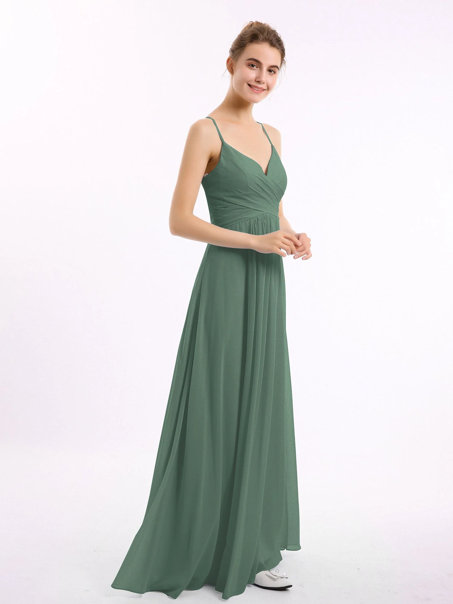 Spaghetti TrÀger V-Ausschnitt Chiffon Kleid Eukalyptus - Image 3